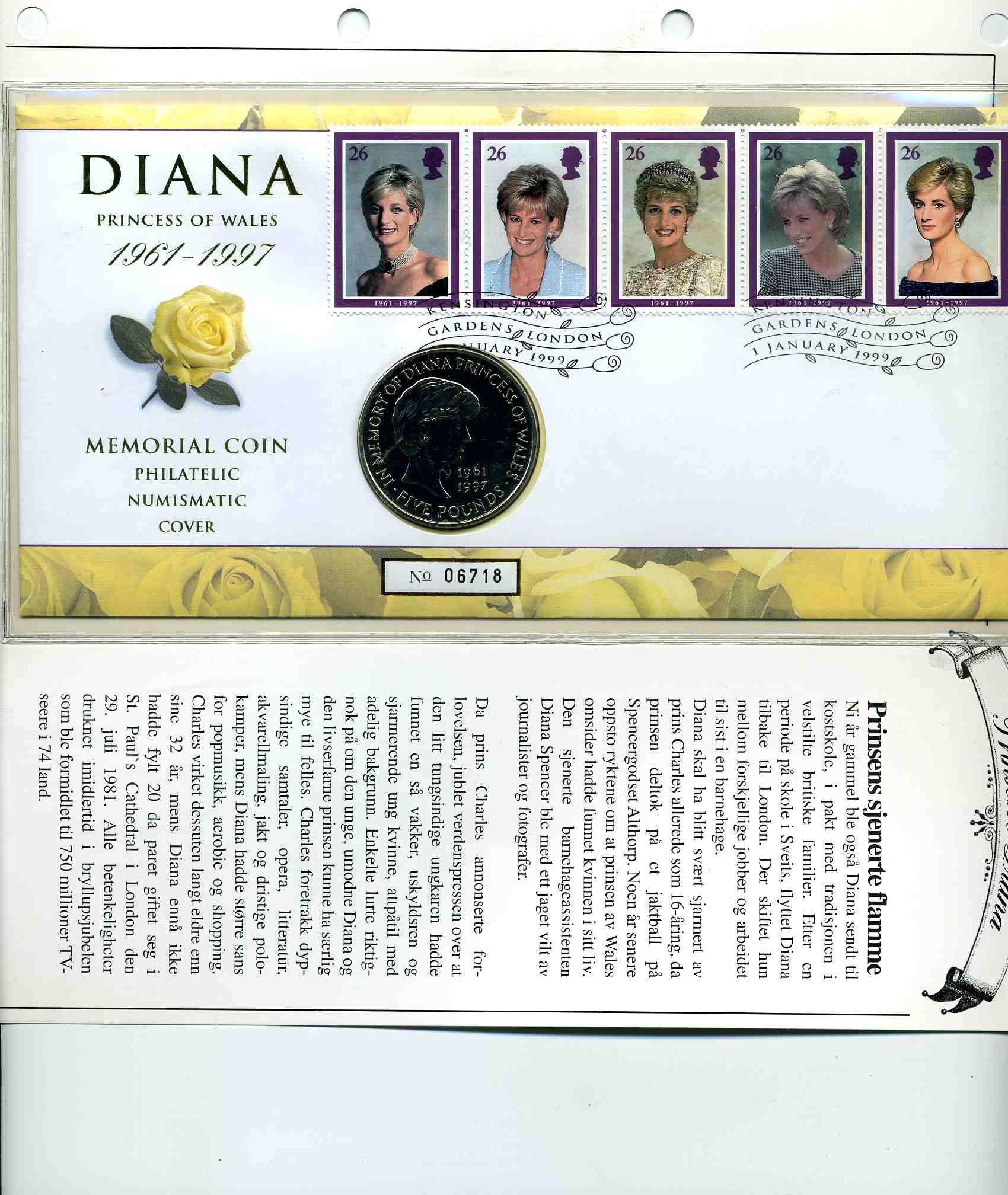 Myntbrev Diana princess of Wales 1999 m/5 punds mynt jub.