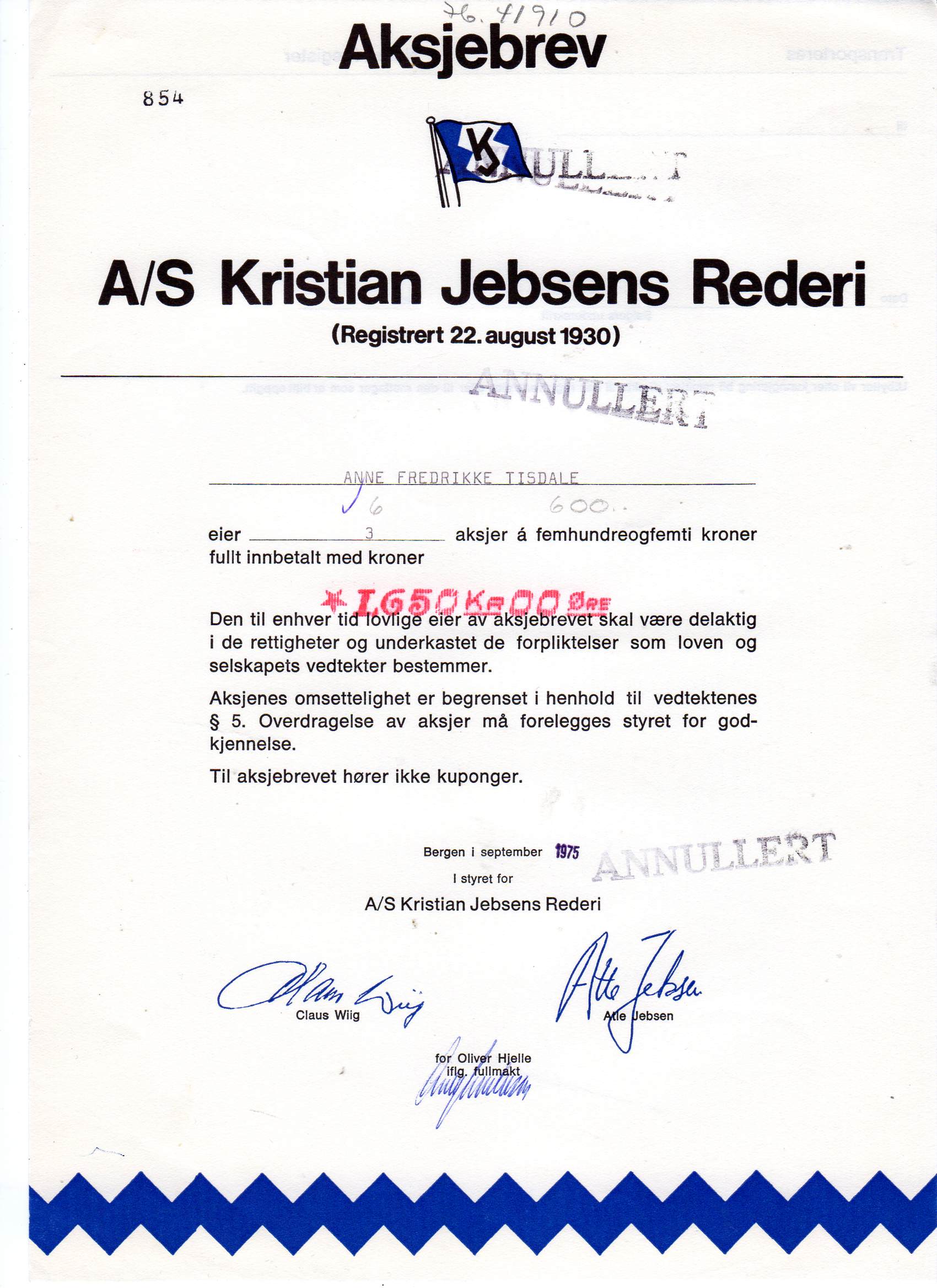 Kristian Jebsens rederi 1975 Bergen kr 1650 nr 854