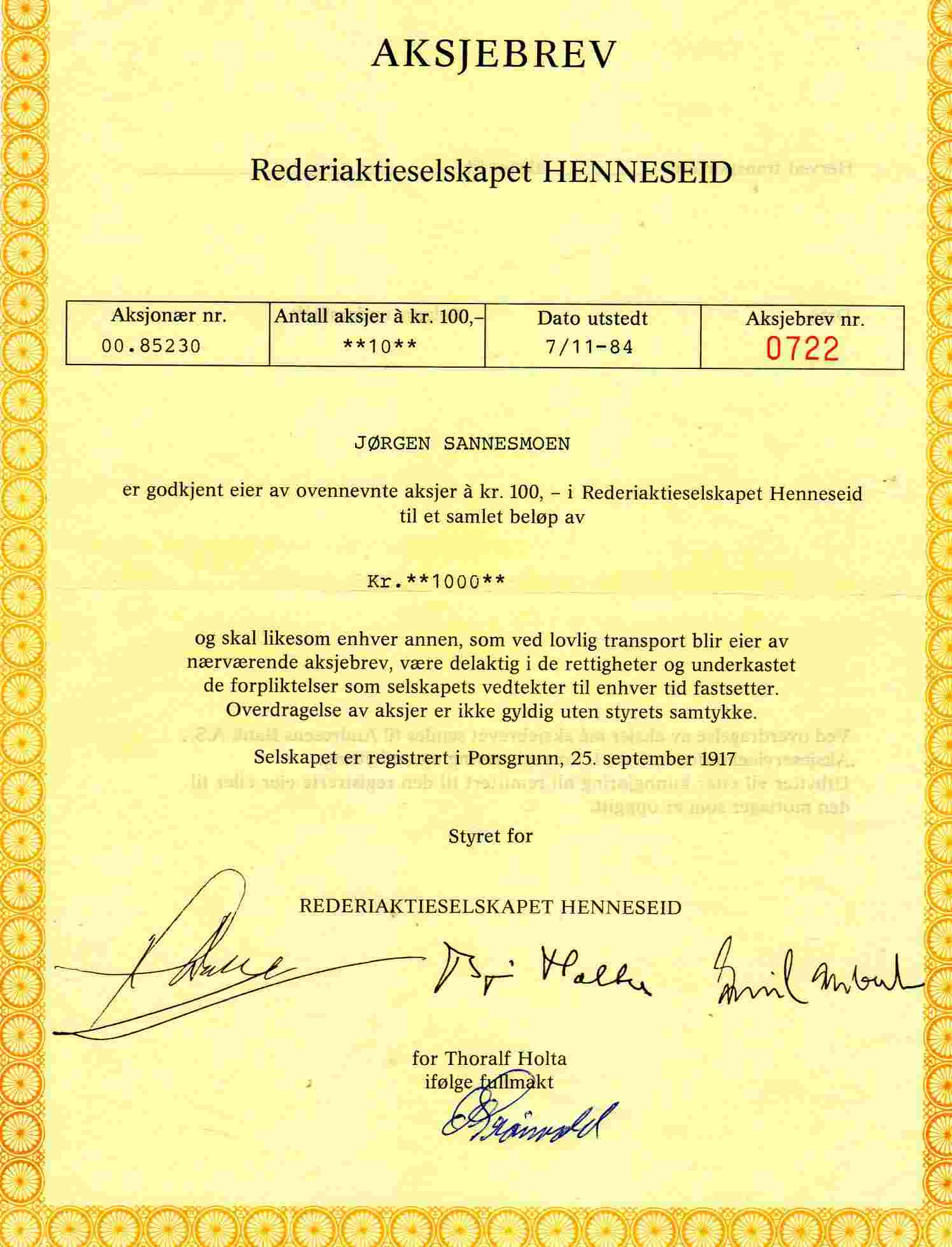 Henneseid kr 100 nr0722 Porsgrunn 1984