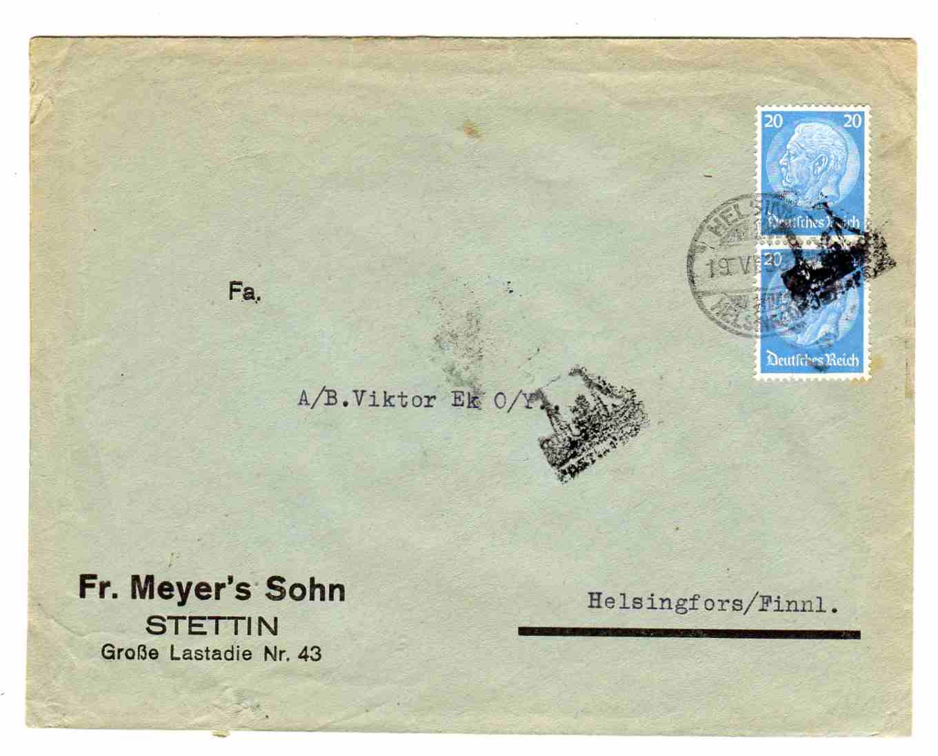 st Helsinki 1936 To skipsstempler på tyske merker Fr Meyers Sohn