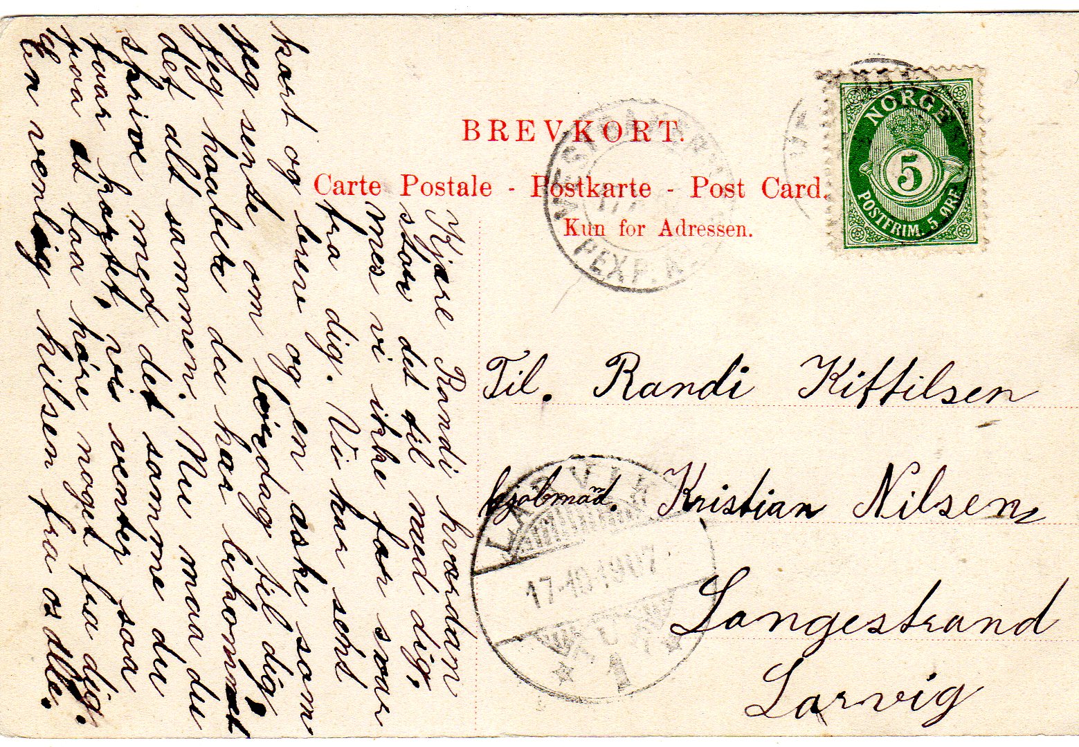 Dalen Telemarken st Larvik 1907 og st Vestbanernes postexp 1907