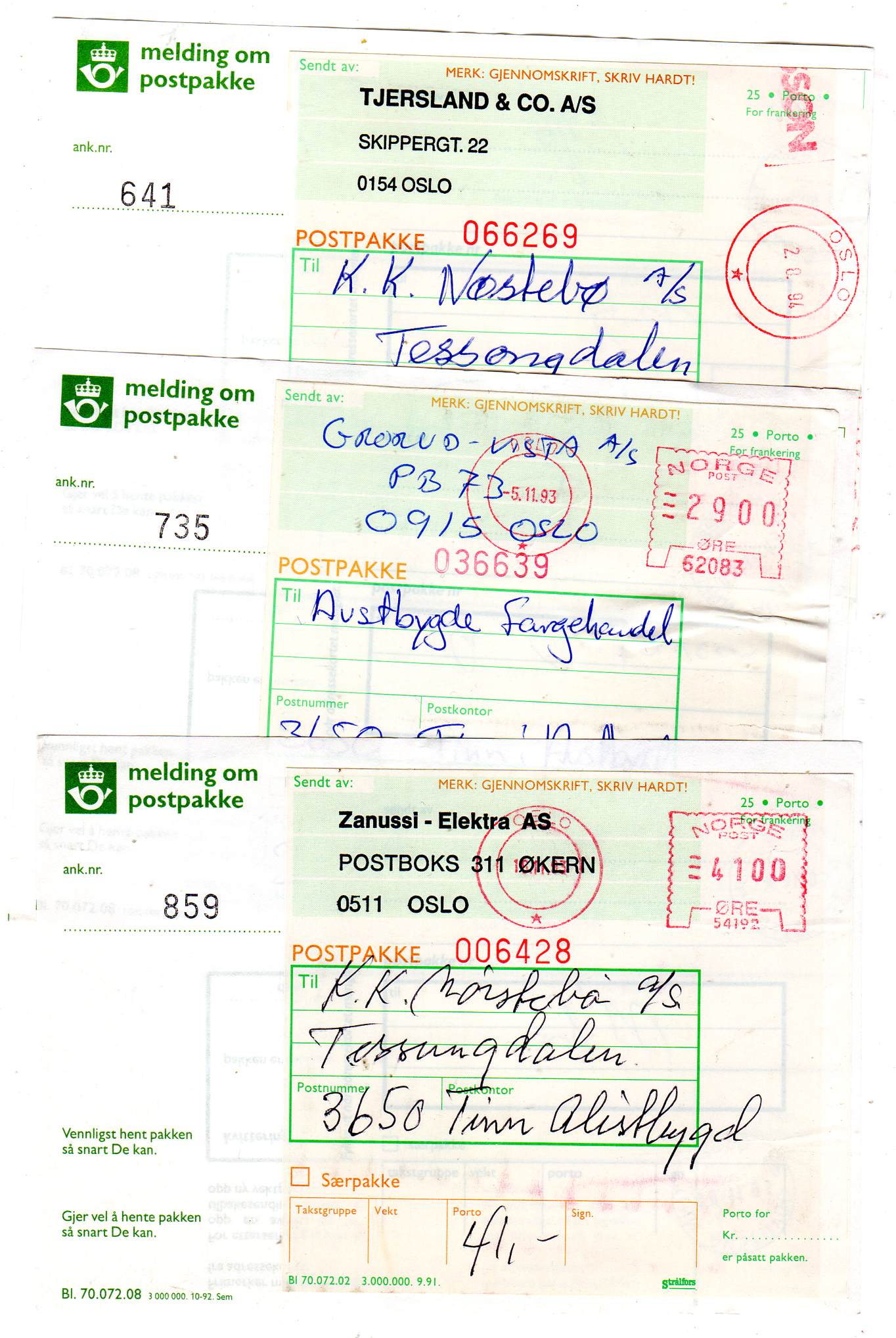 Melding om postpakke st Tinn Austbygd 1993/94