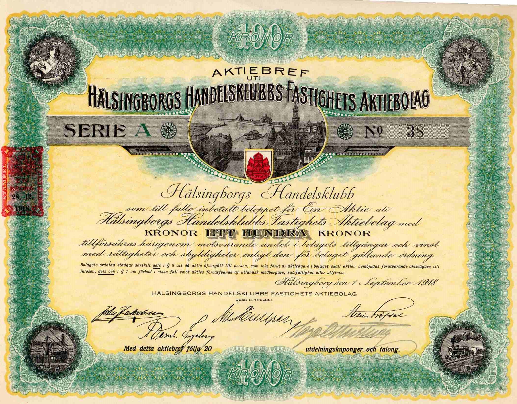 Halsingborgs Handelsklubbs Fastighets aktiebolag Helsingborg nr 38 1918 kr 100