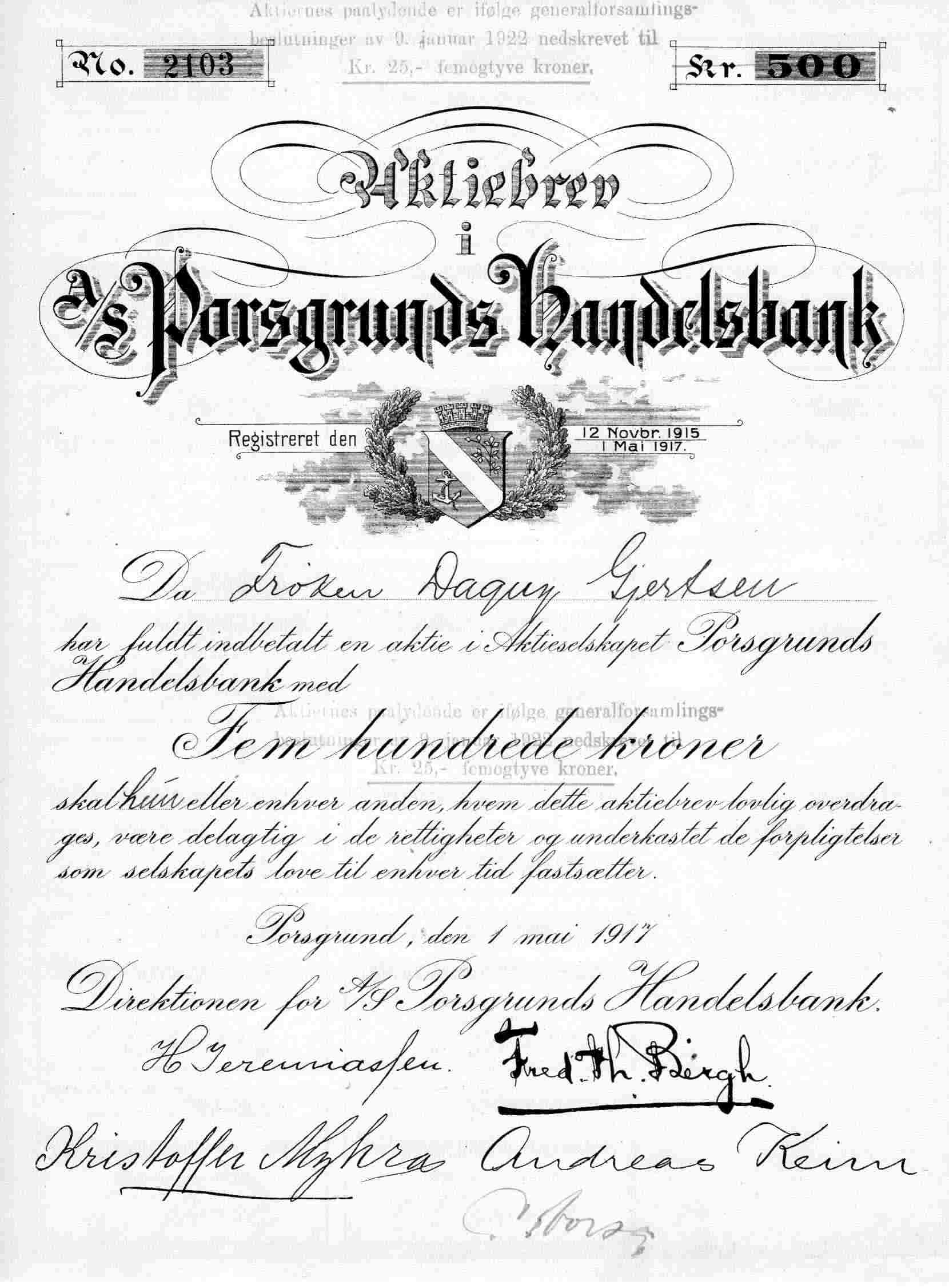 Porsgrunds handelsbank no 2103 kr 500/25 Porsgrund 1916