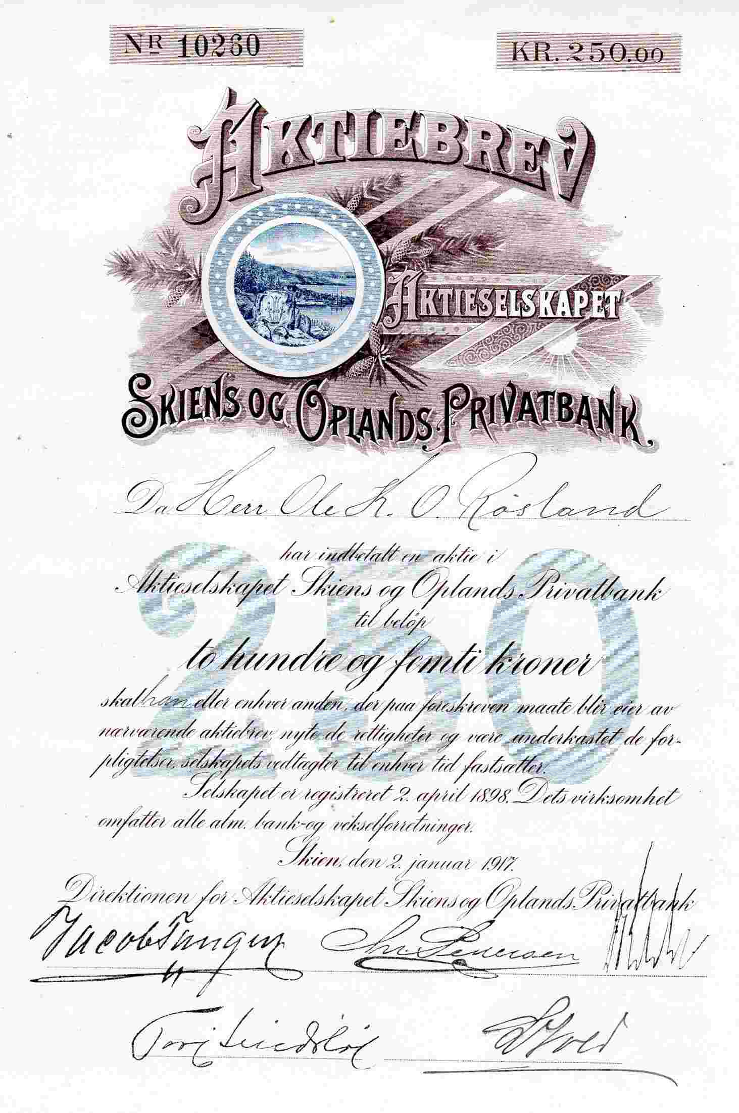 Skiens og oplands privatbank nr 10260/10273 kr 250 Skien 1917 pris pr stk