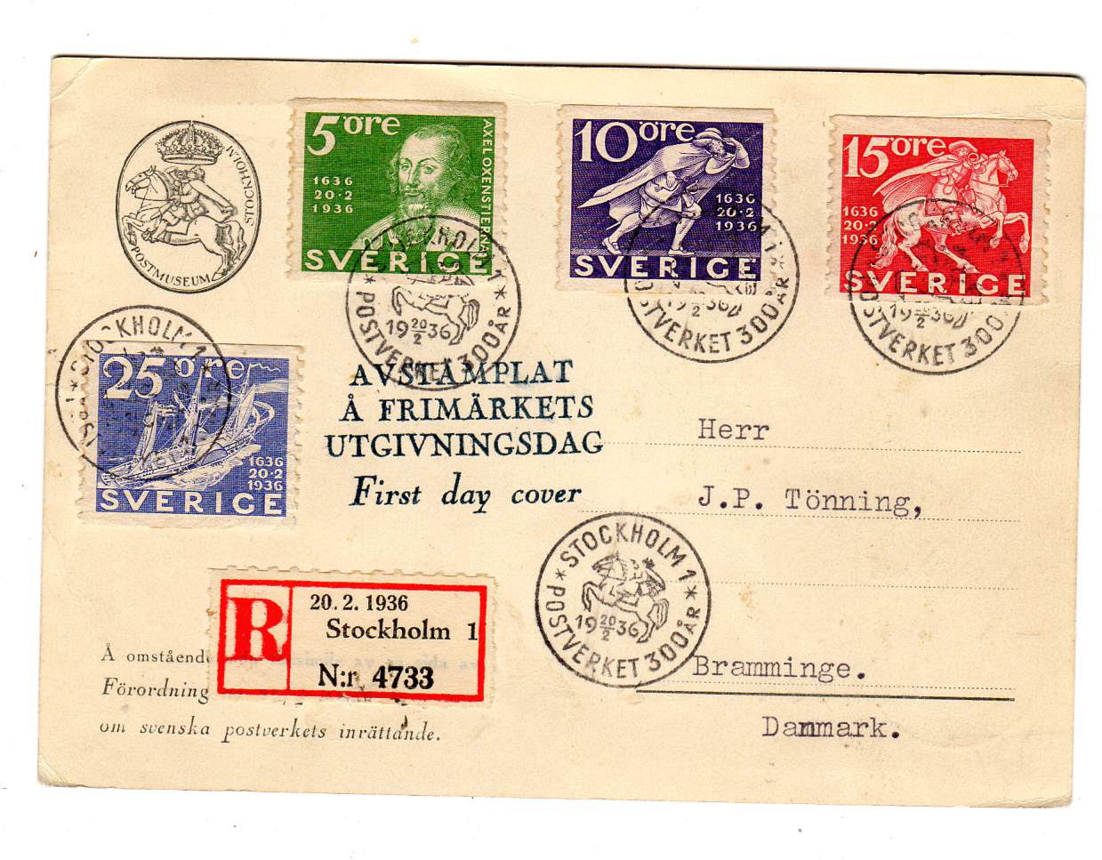Postvæsenets 300 år FDC 20/2/1936 R