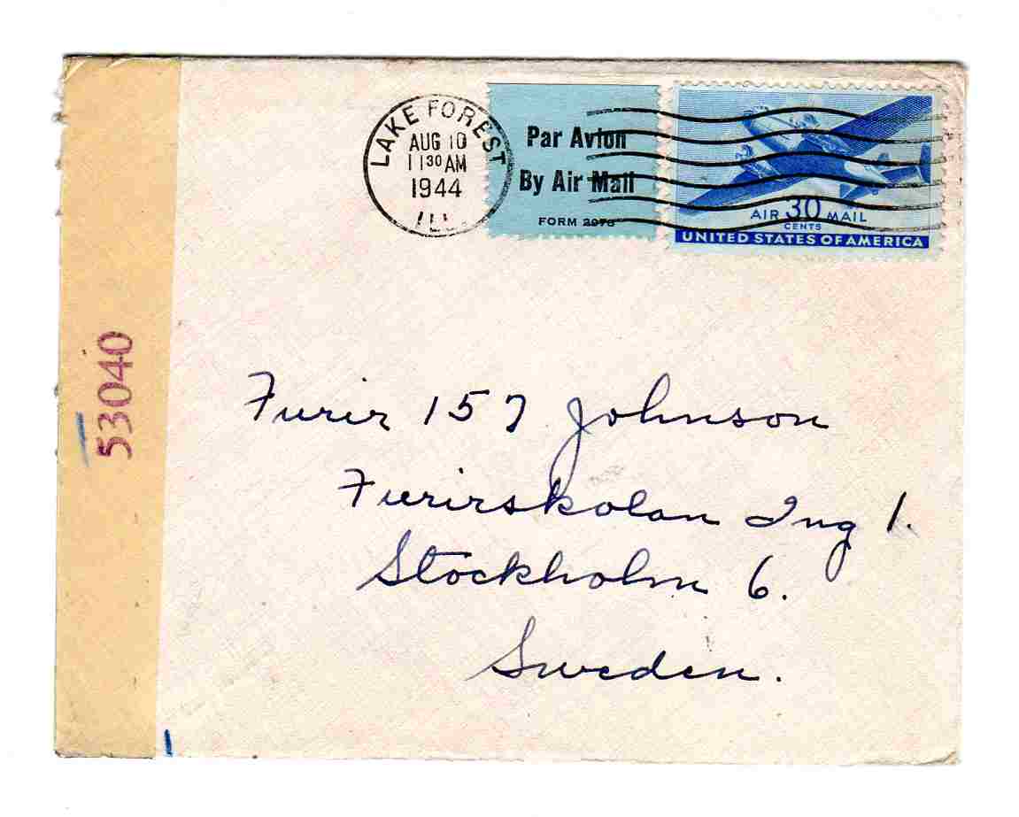 st Lake Forest 1944 med brev air mail to Sweden  53040