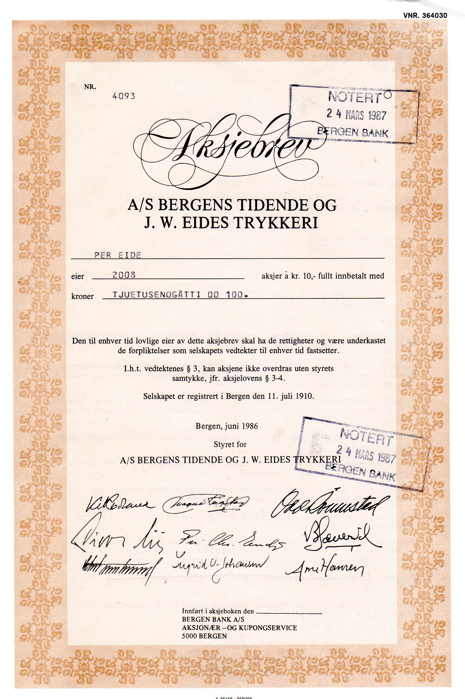 Bergens tidende/Eides trykkeri kr 100 Bergen 1985 nr 163/403/453/4093/4202/4008 pris pr stk