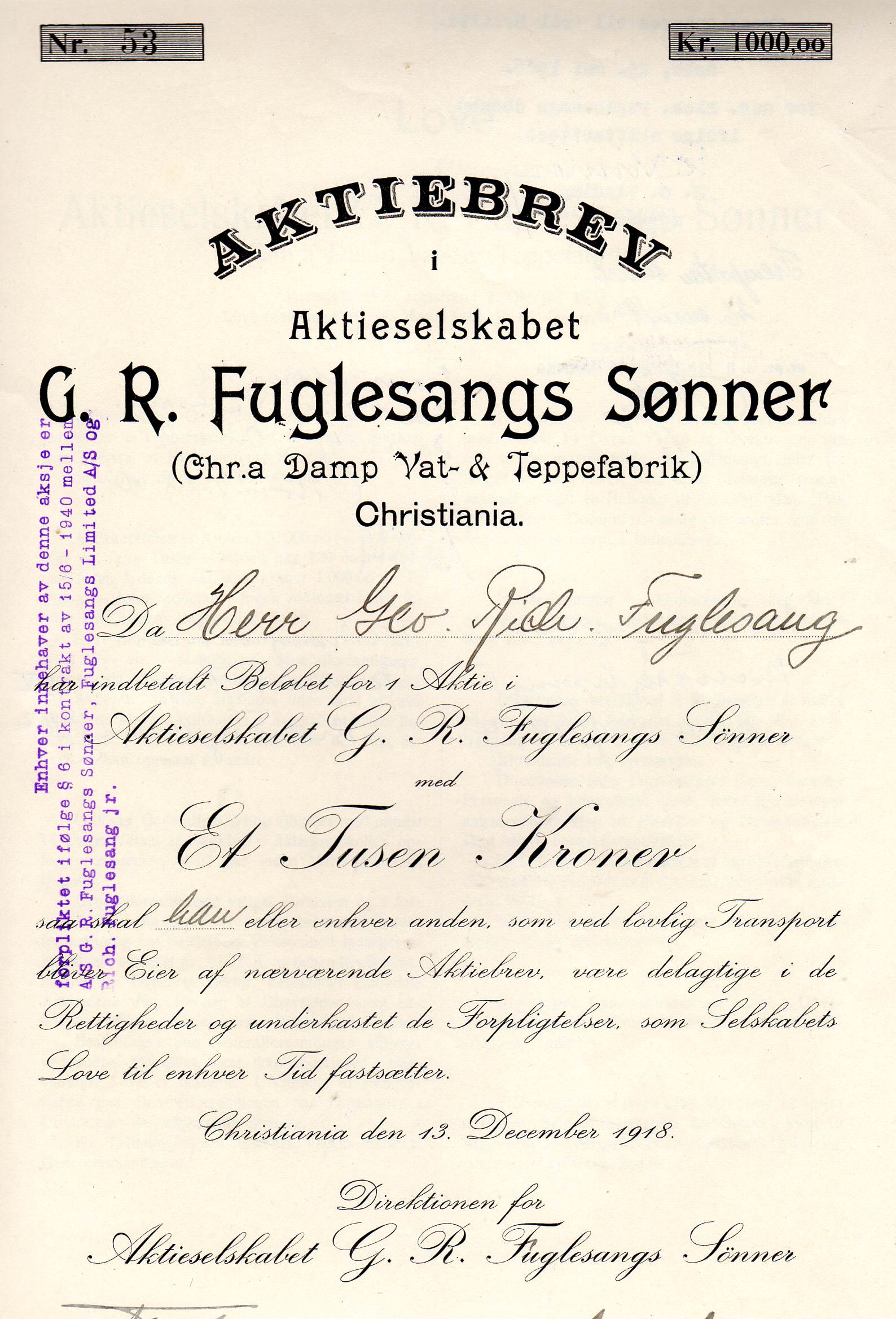 G R Fuglesang sønner Christiania 1918 kr 1000 nr 54/53