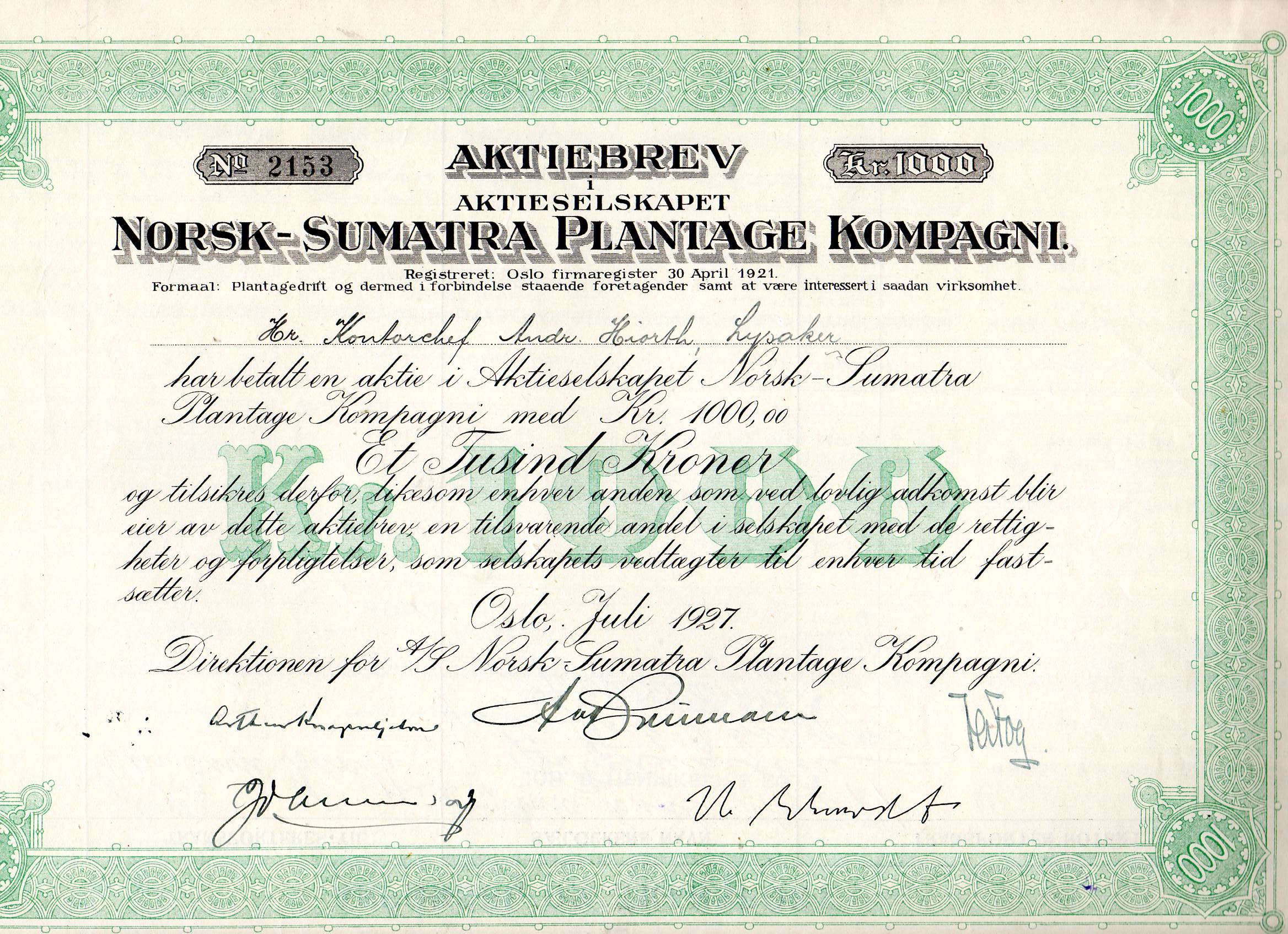Norsk-Sumatra plantage kompagni kr 1000 Oslo 1927 nr 2153/