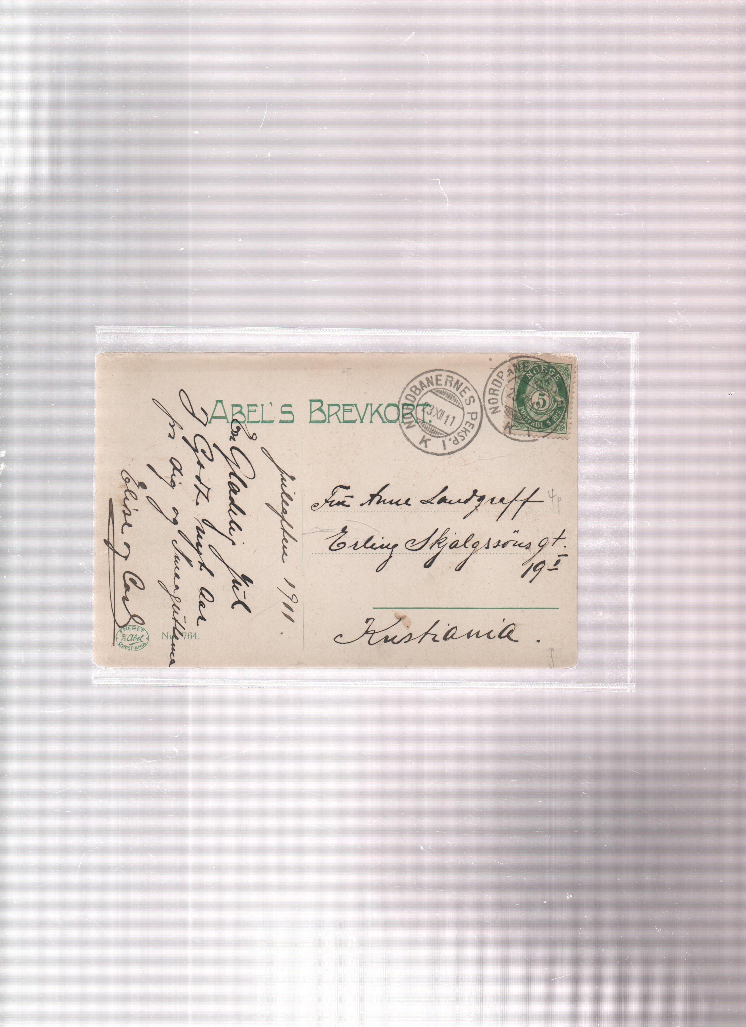 Abel nr. 764 St. 23.12. 1911 Nordbanernes Postekspedisjon 1 