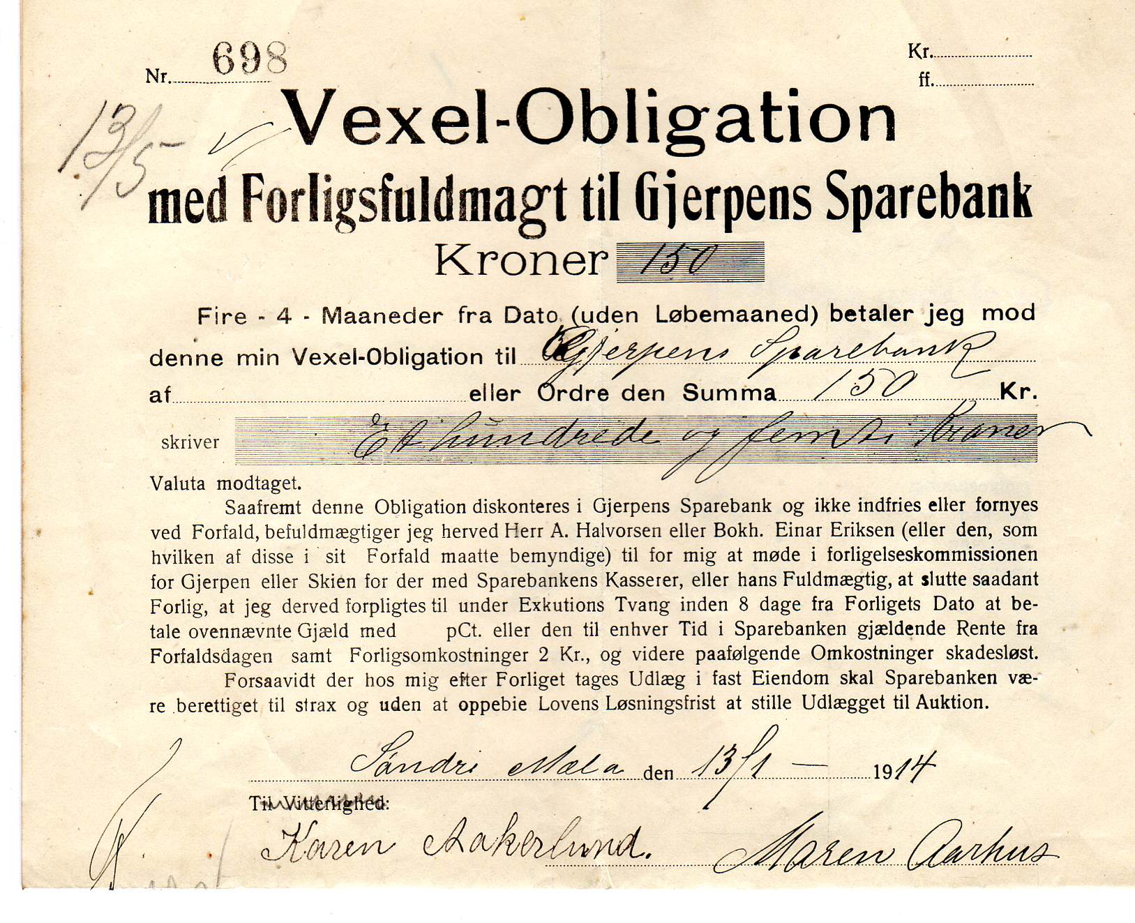 nr698 Vexel obligasjon Gjerpen sparebank  år1914
