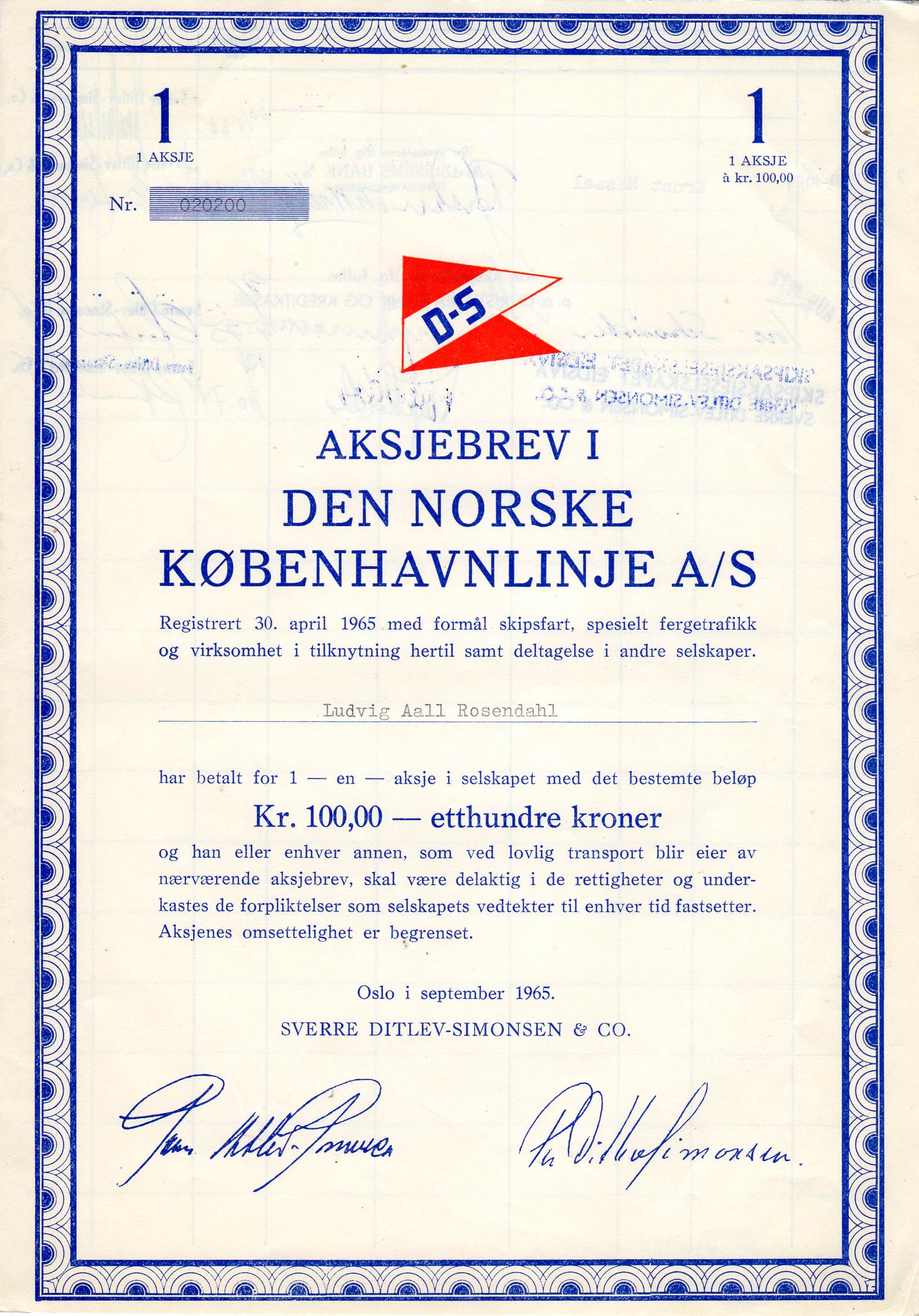 Den norske københavnlinje Oslo 1965 kr 100 nr 020200/040270/004961 pris pr stk