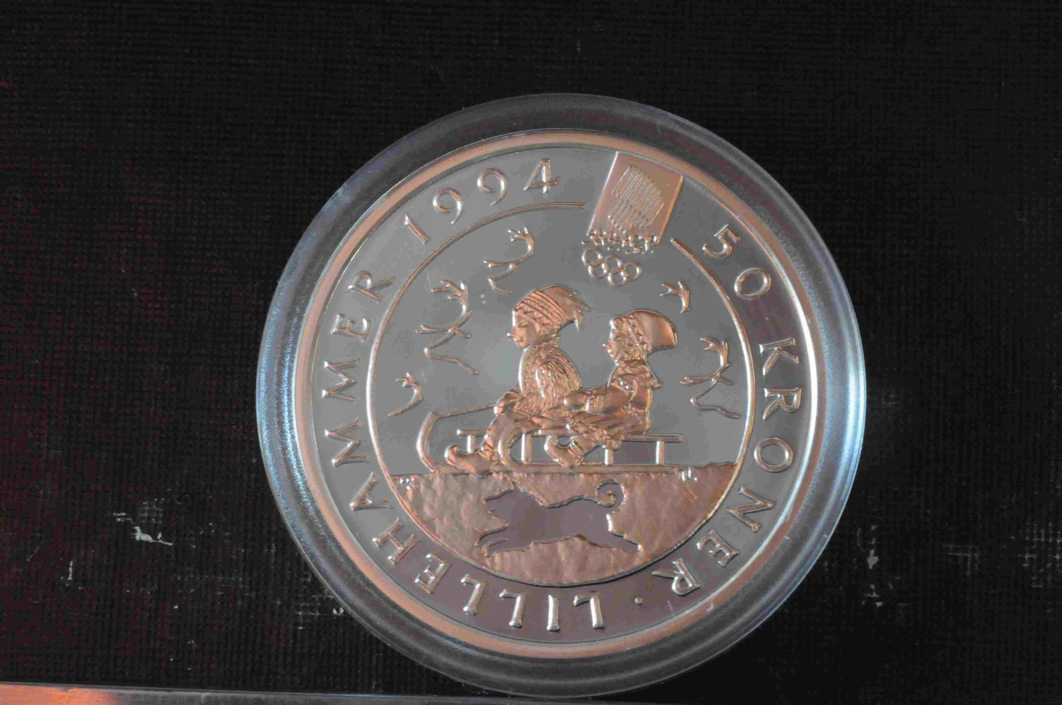 Barn på kjelke Ol mynt nr 4 sølv 925/1000 16.85g proof 50kr