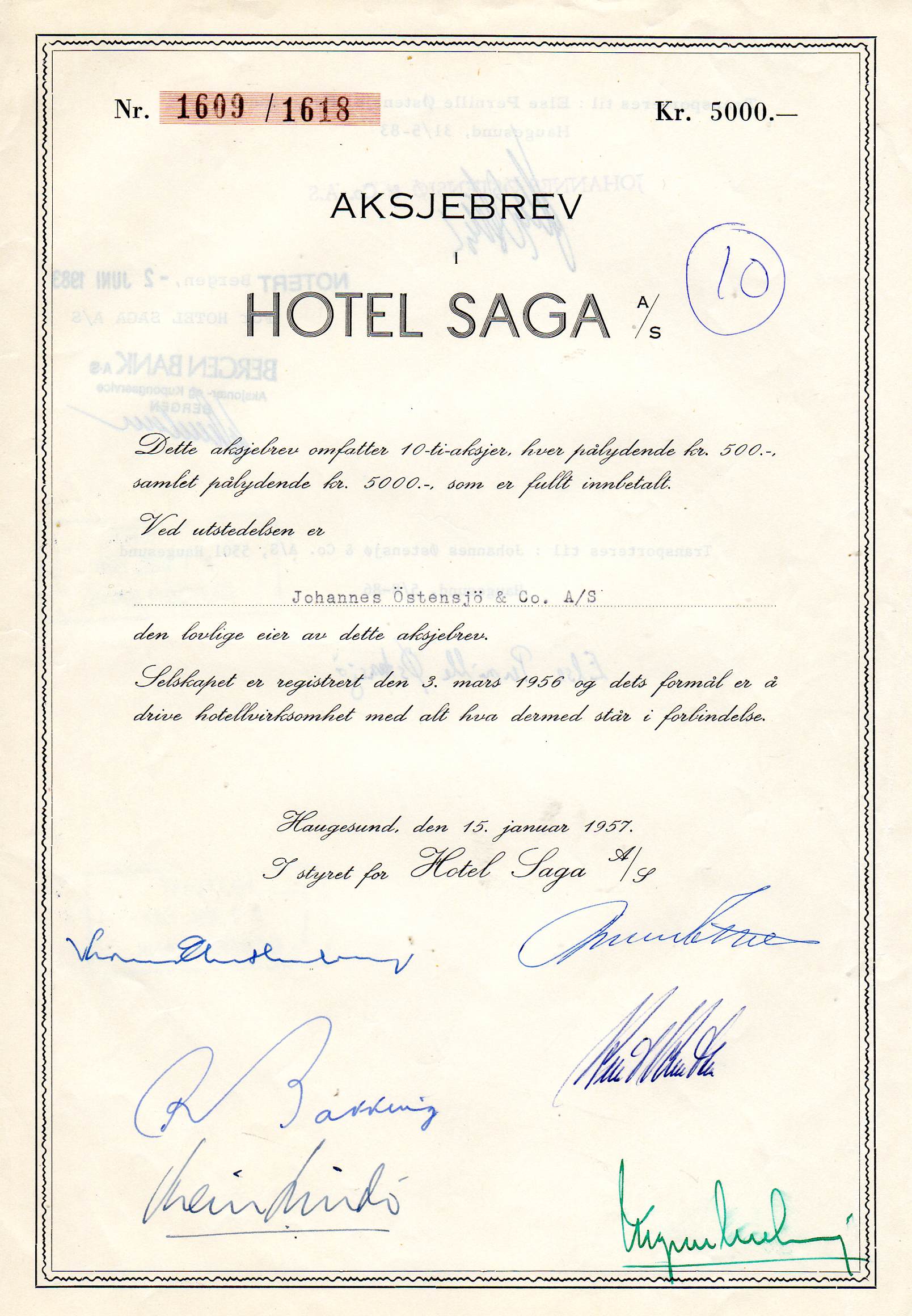 Hotel saga Haugesund kr 5000 1956 nr 435/444&1609/1618&1720/1729 pris pr stk