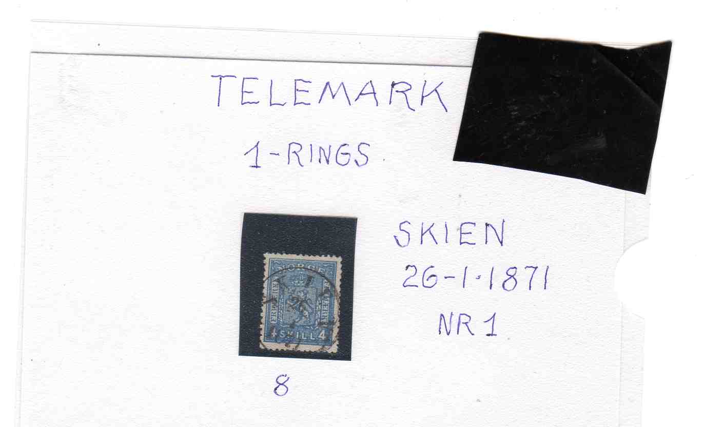 en-rings stempel på HK 8 st Skien 26/1/1871 nr 1