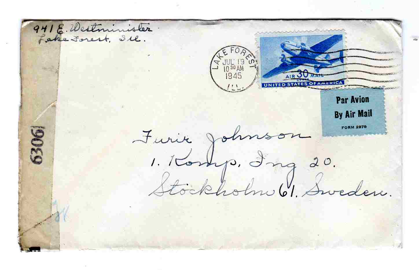 st Lake Forest 1945 Air mail 6306