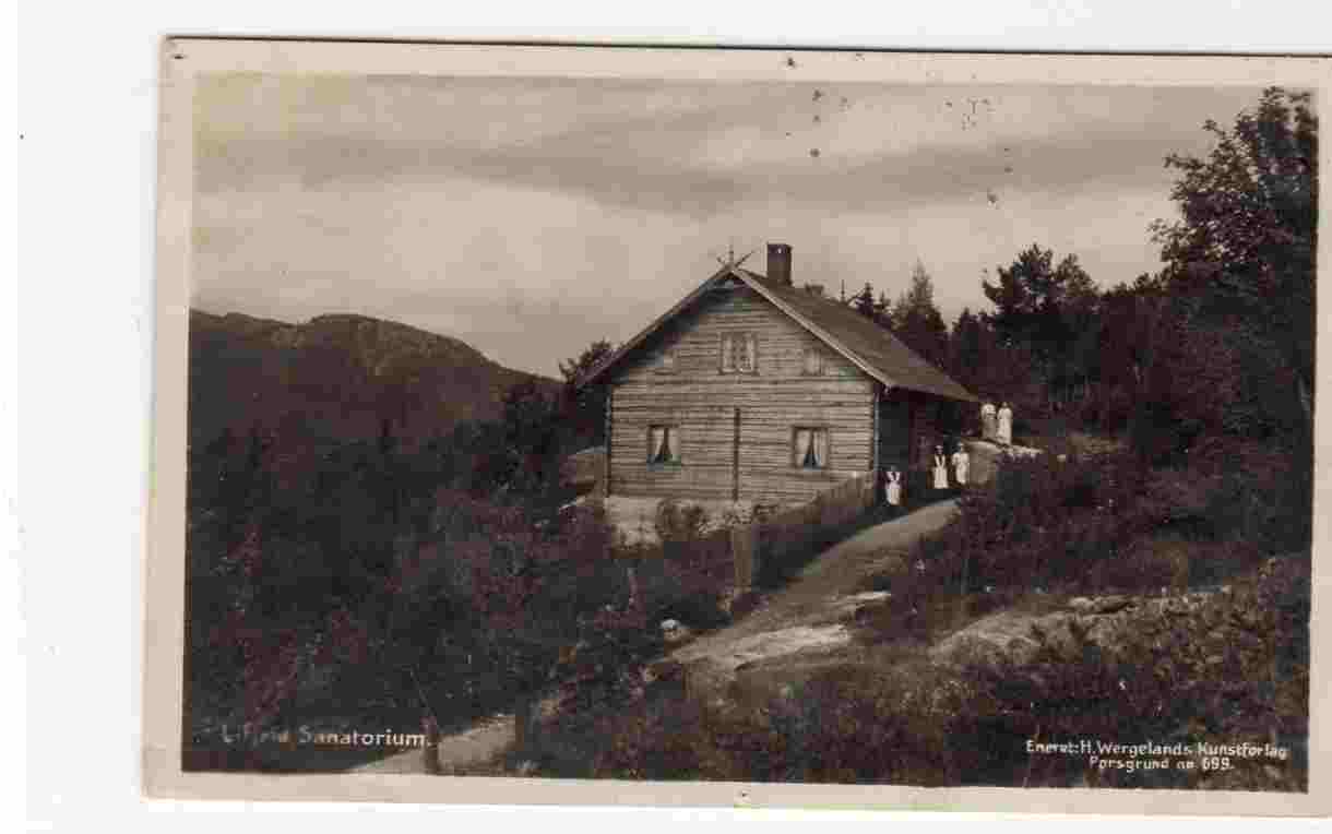 Lifjeld sanatorium Wergeland 699 st Porsgrund 1924 tre nålestikk i øvre hvite ramme
