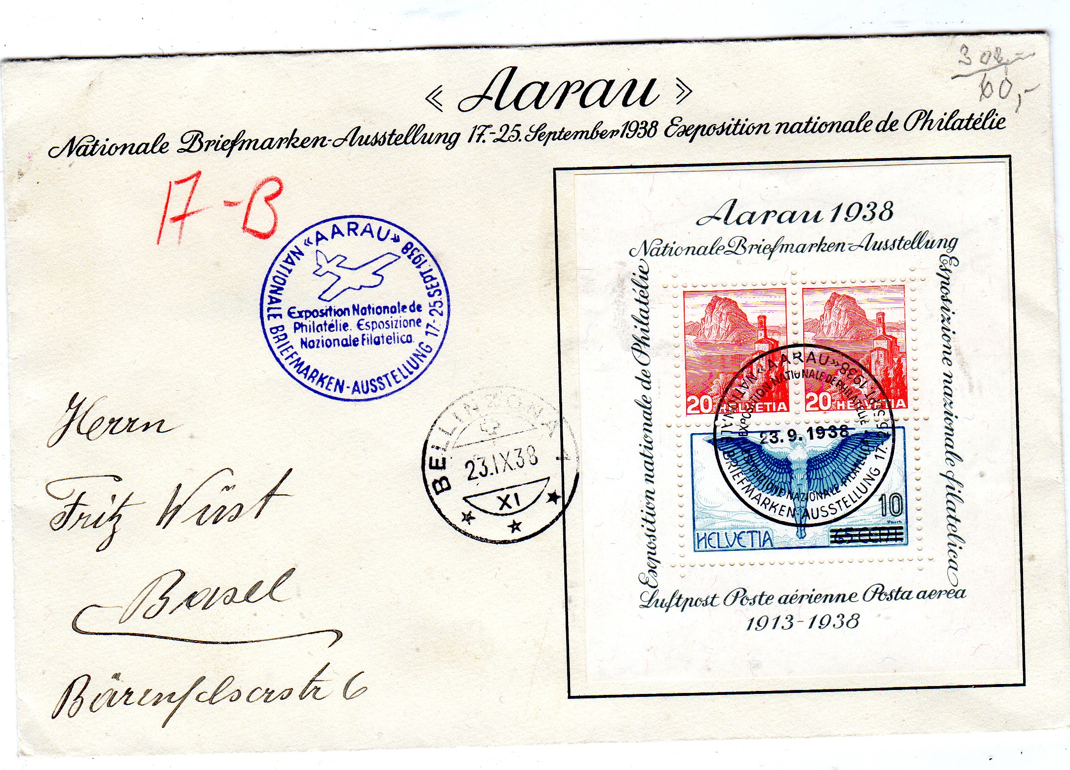 Nationale briefmarken Aarau 1938 Austellung kat 36 Eur