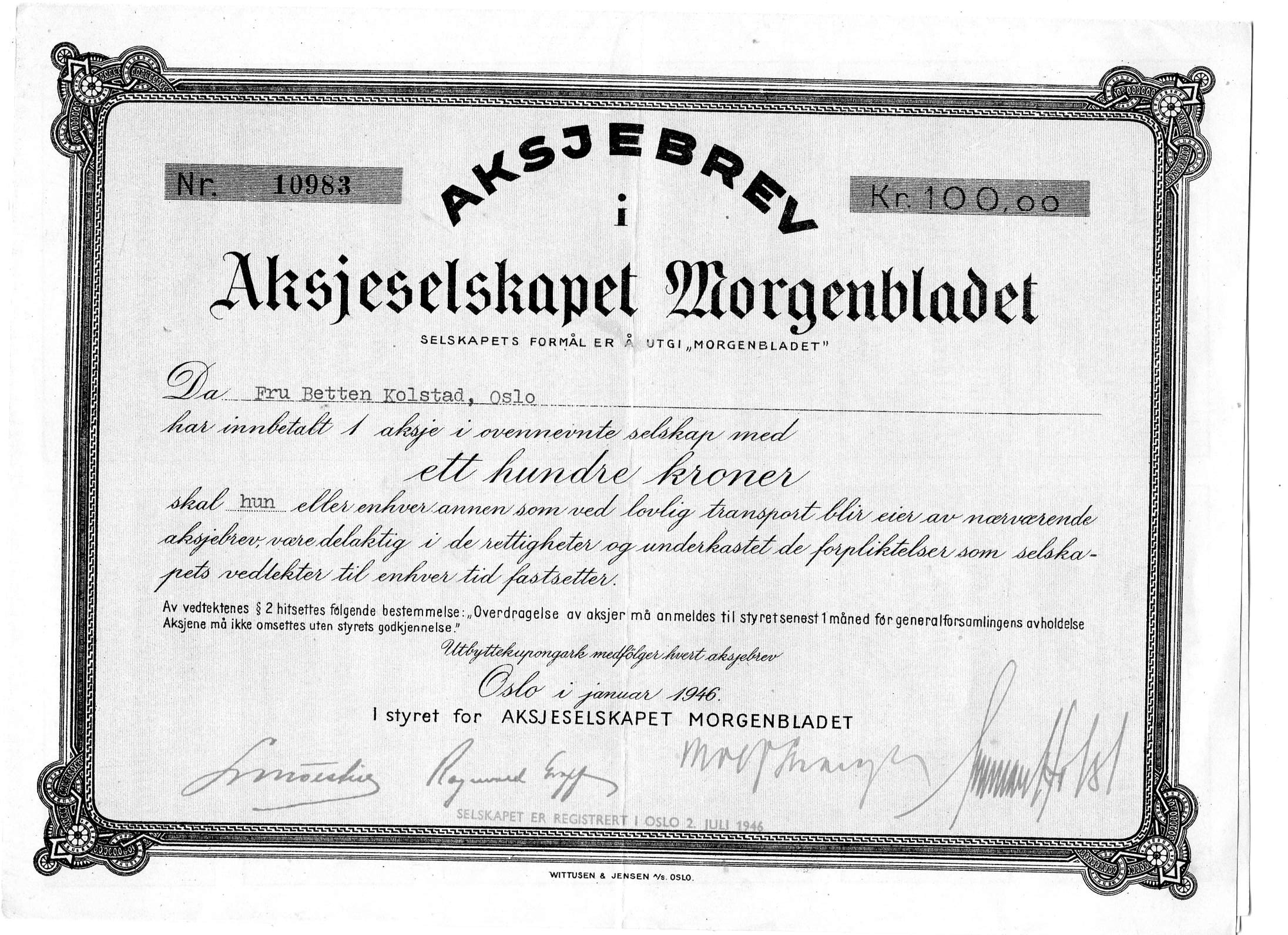 Aksjeselskapet Morgenbladet Oslo 1946 kr 100 nr 10983/10984 pris pr stk