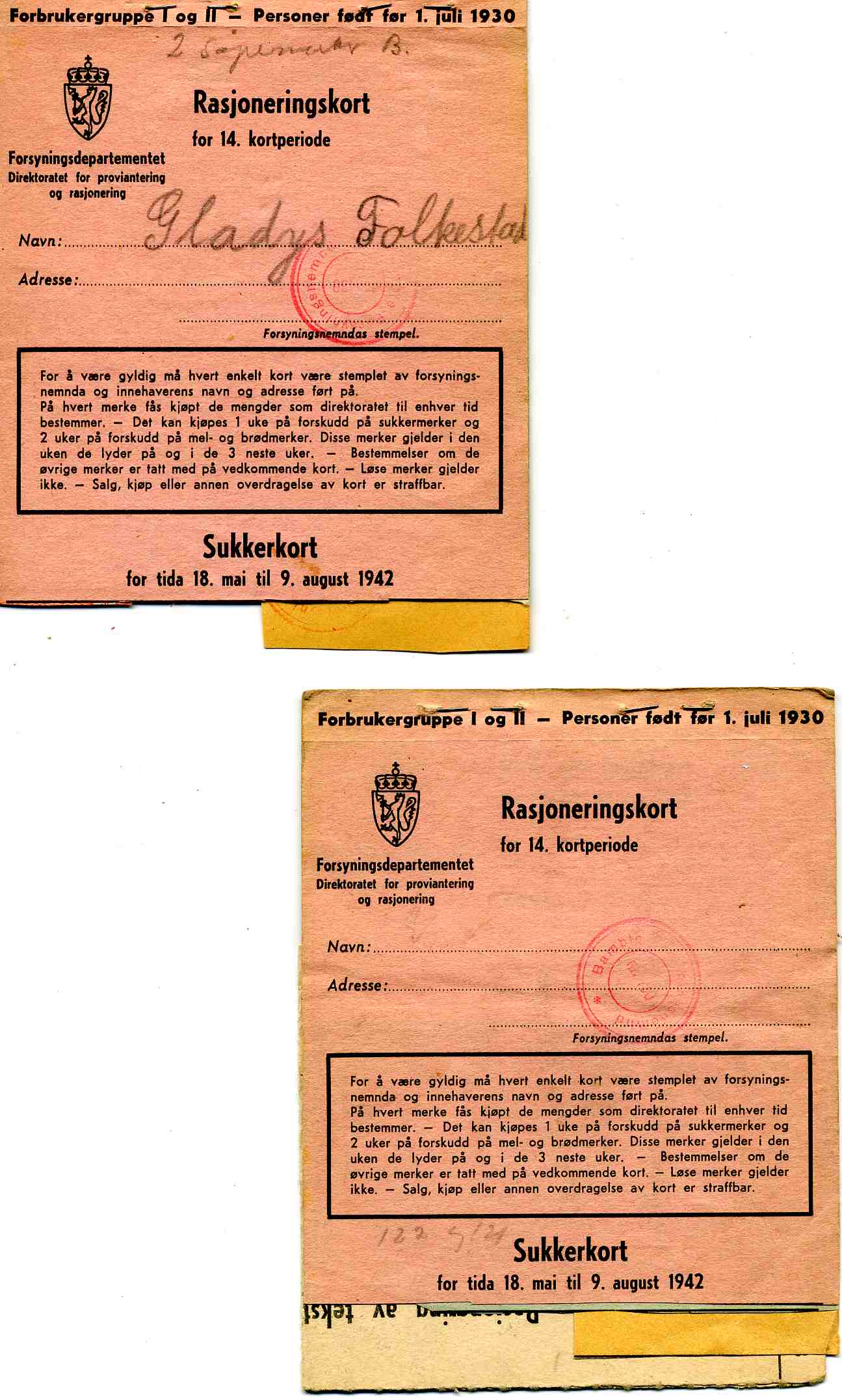 Rasjoneringskort Sukkerkort 18mai-9august 1942 /mel og brød/fett/kaffe og te