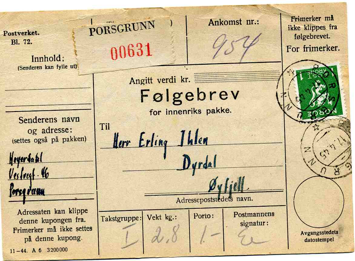 st Porsgrunn/Øyfjell 1945