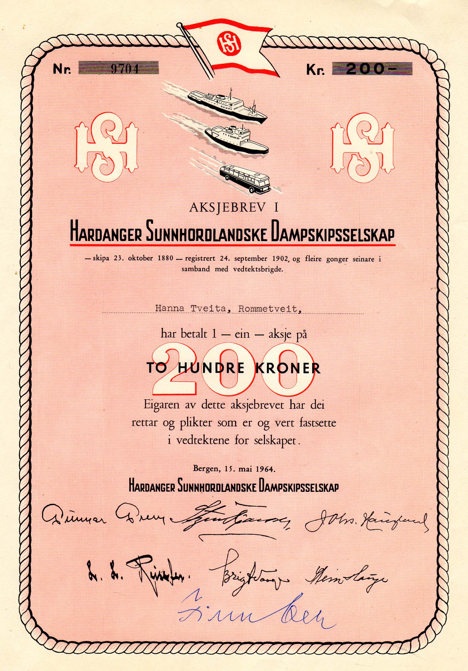 Hardanger Sunnhordalandske Bergen 1964 kr200 nr 8644/9283/ pris pr stk