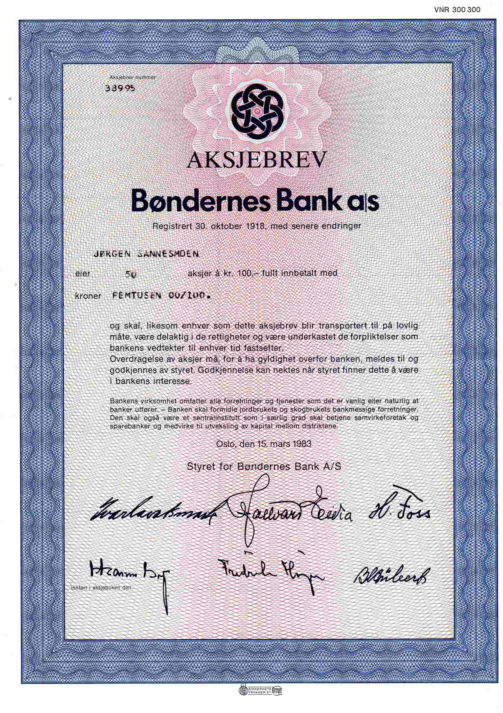 Bøndernes bank kr 100 Oslo 1981/1983 pris pr stk