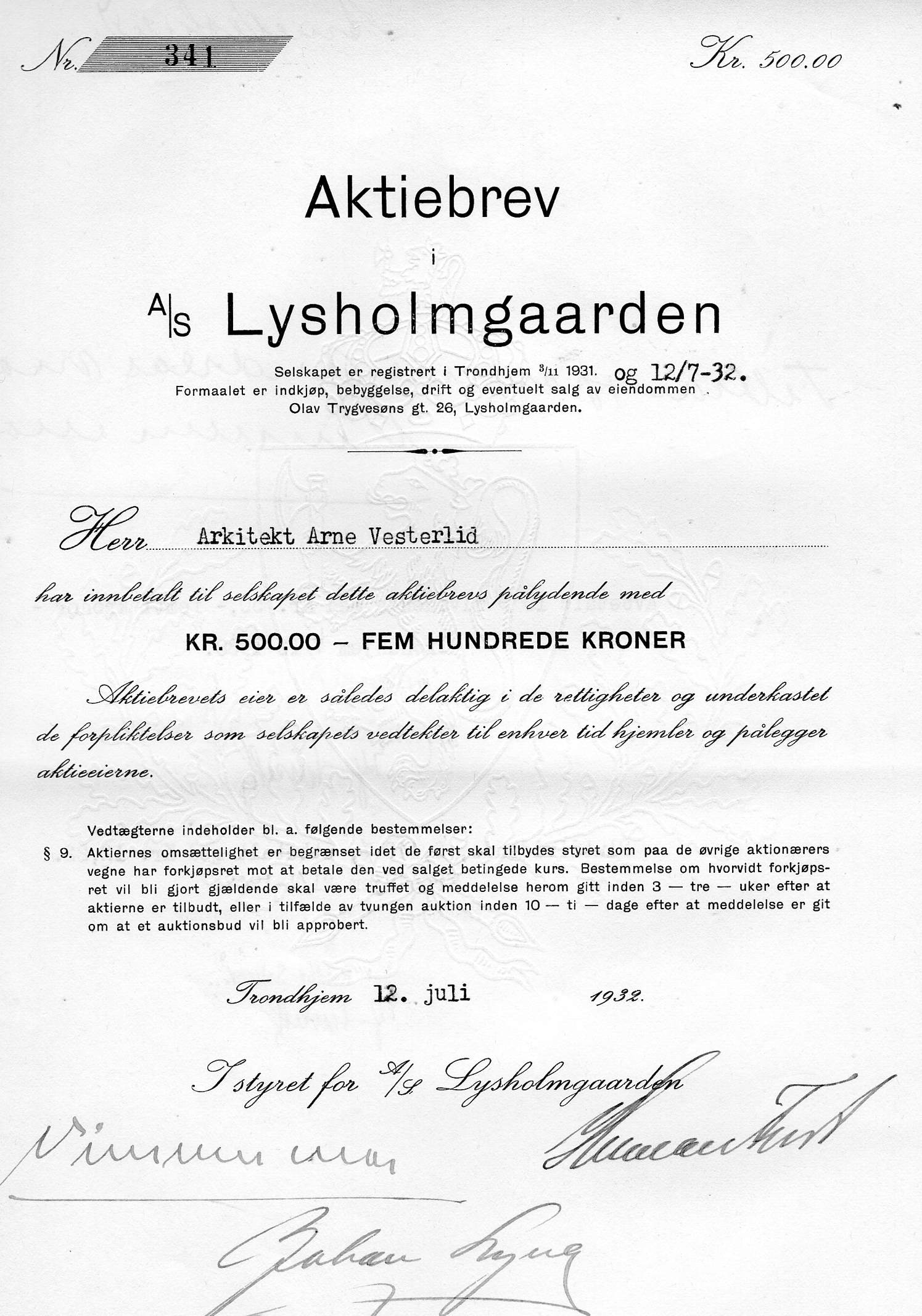 Lysholmgaarden Trondhjem 1932 kr 500 nr 342/343/344/341 pris pr stk