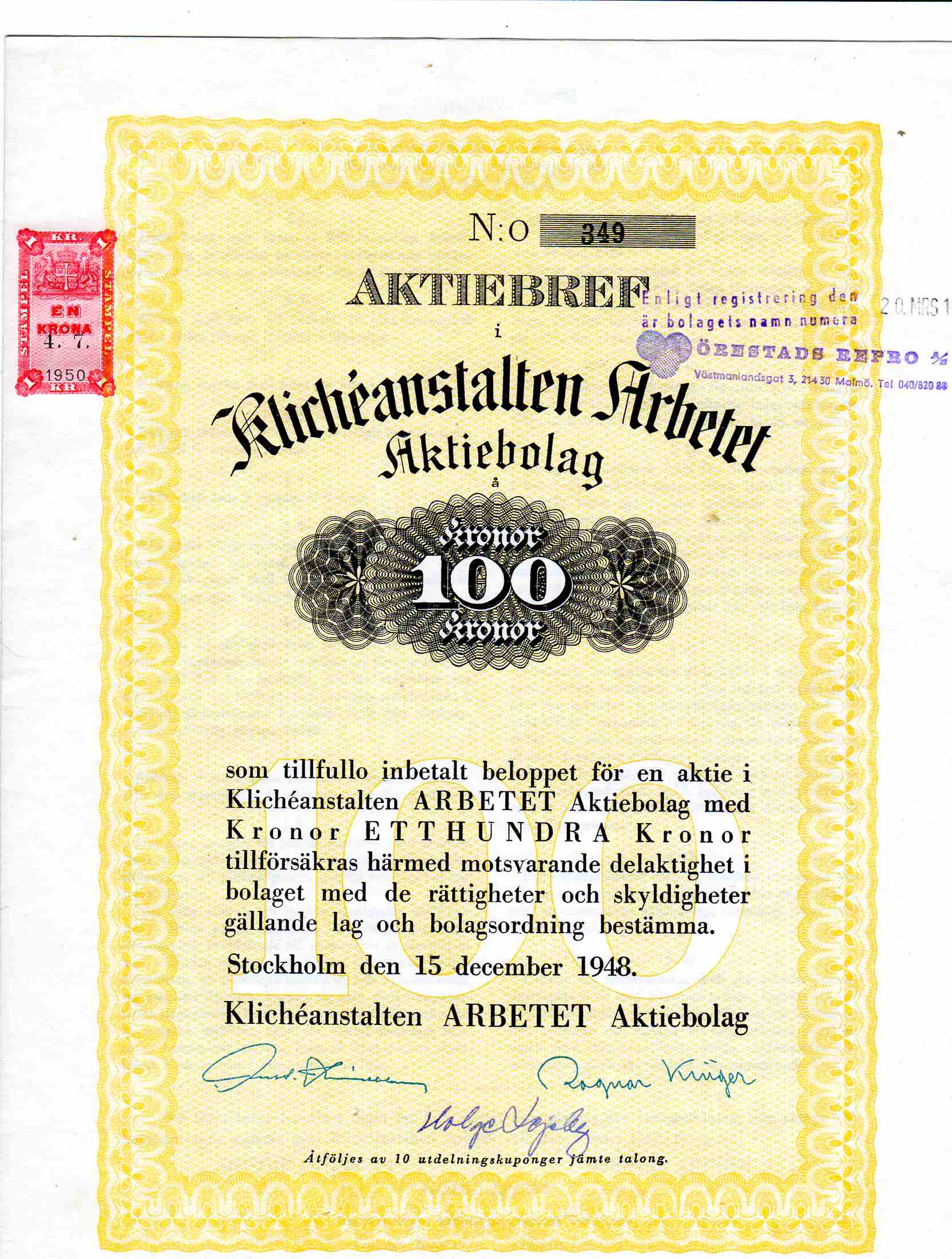 Klicheanstalten Arbetet Stockholm nr 349 1948 kr100