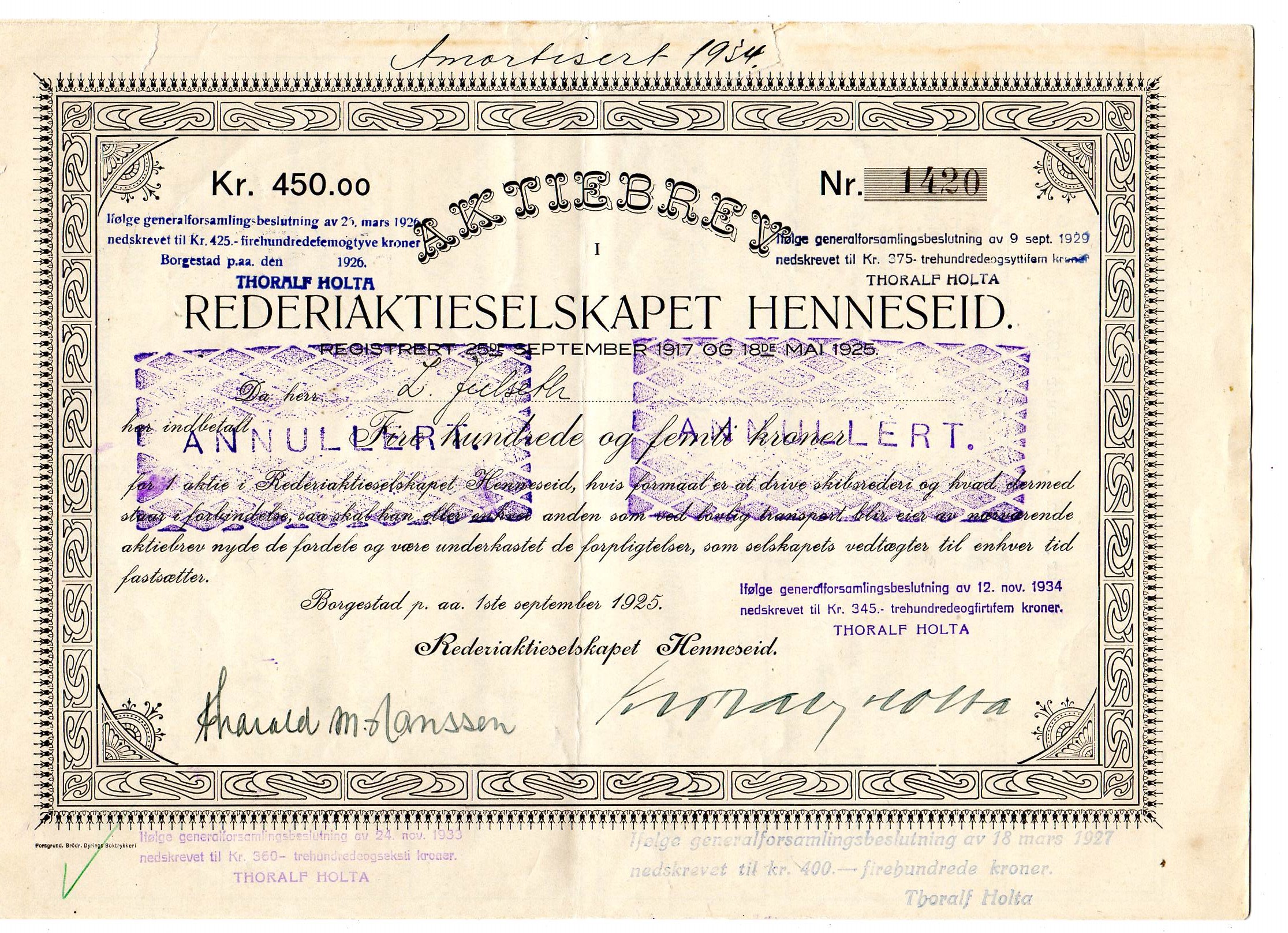 SHI Henneseid kr 450 Borgestad 1925  nr 1420,1423,1424&1464 pris pr stk kr 200