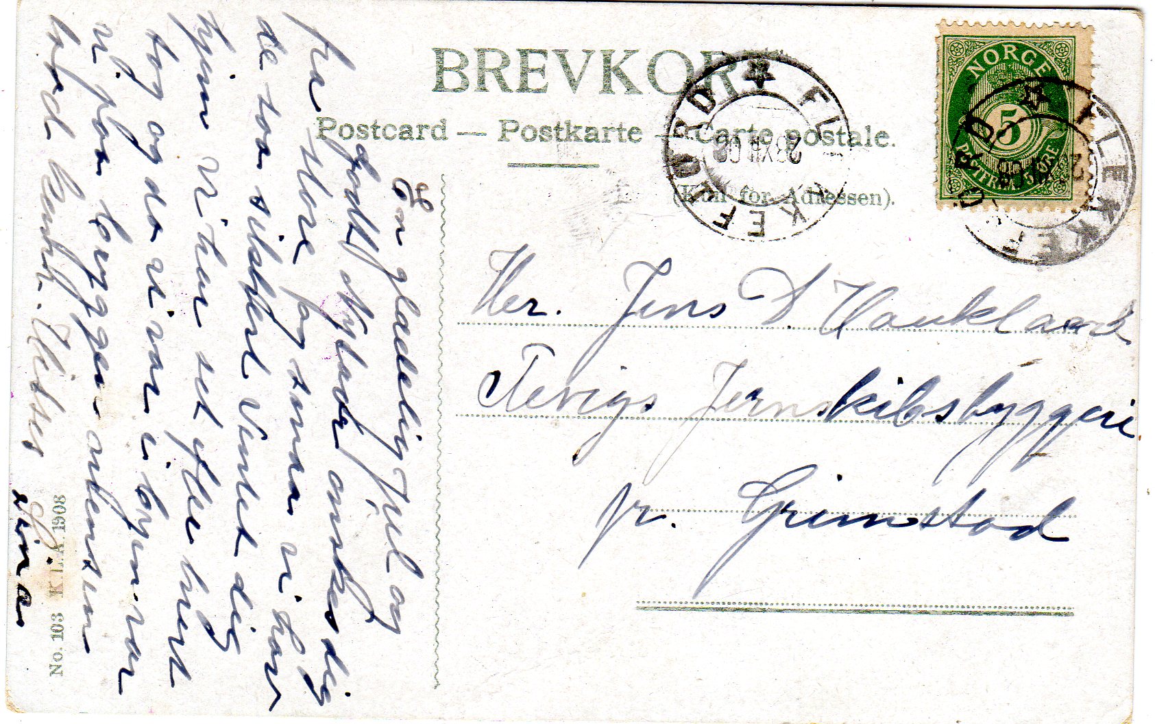 K.L.A. 1908 St. 23.12. 1908 Flekkefjord 