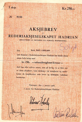 Hadrian rederi A/S Fjøsanger 1966 kr 250 nr 033/0236 pris pr stk