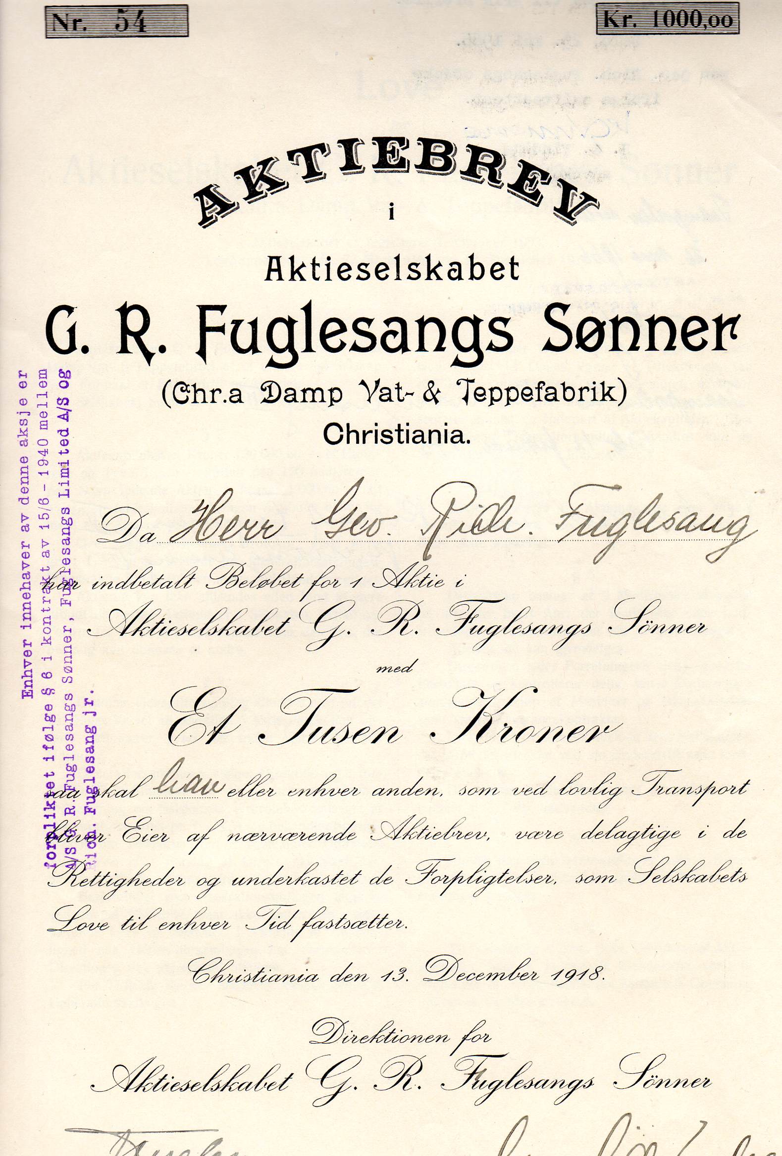 G R Fuglesang sønner Christiania 1918 kr 1000 nr 54/53