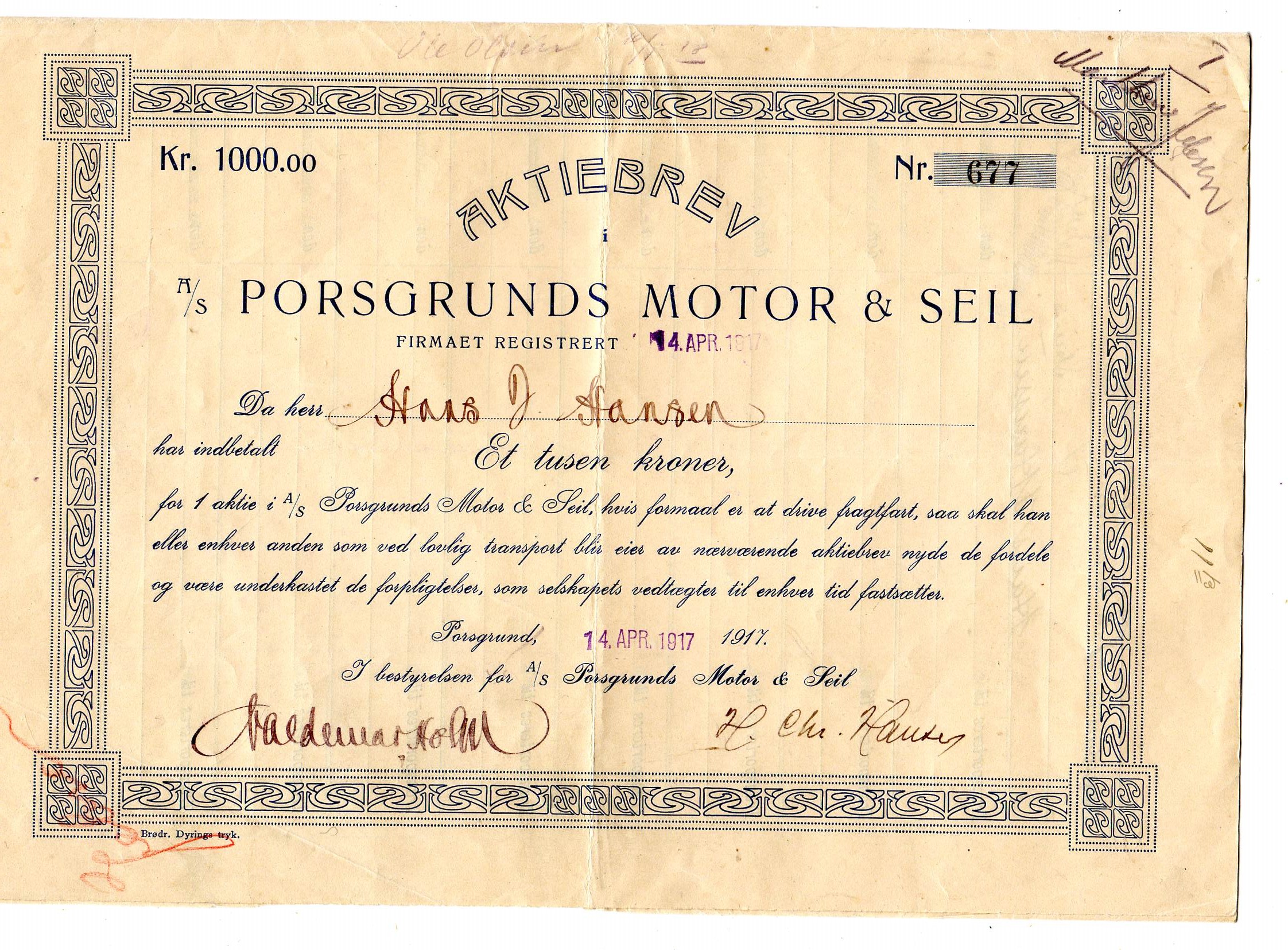 Porsgrund 1917 Porsgrunds motor &seil kr 1000 nr 677