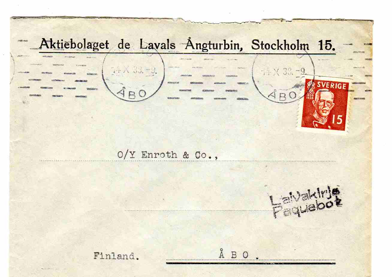 Svensk merke st Turku/Åbo 1938 Laivaktrje Paquebot