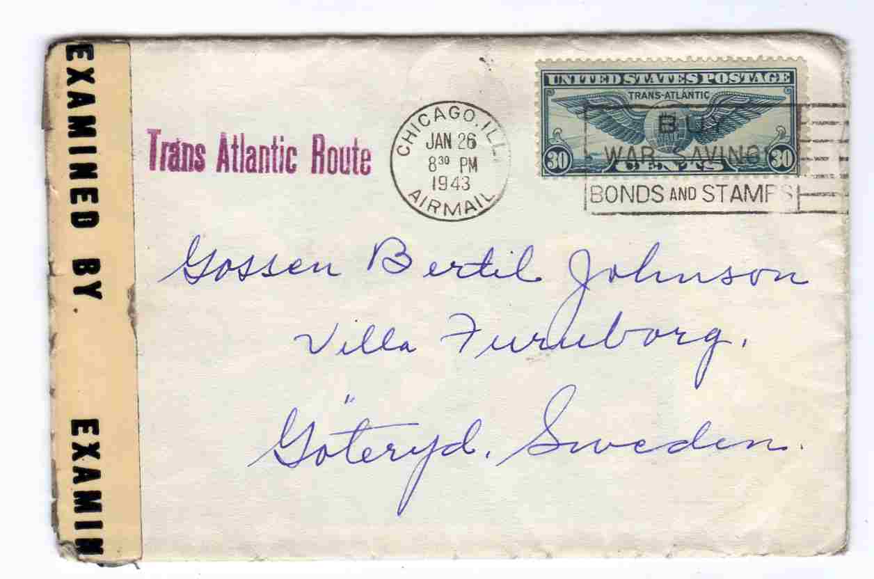 st Chicago 1943/(war saving bonds and stamps) Trans atlantic route to Sweden med brev 5517