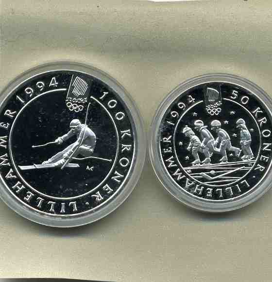 100 kr 50 kr 1994 OL sølvsett 5 proof