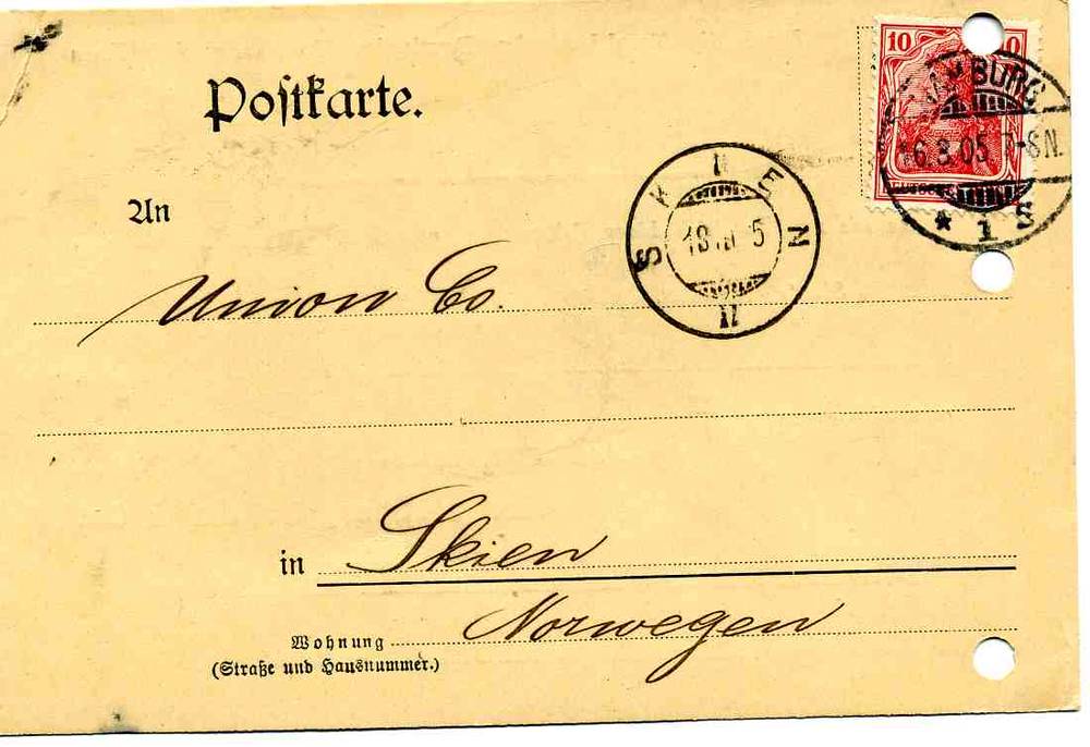 Postkarte st Skien-Hamburg 1905
