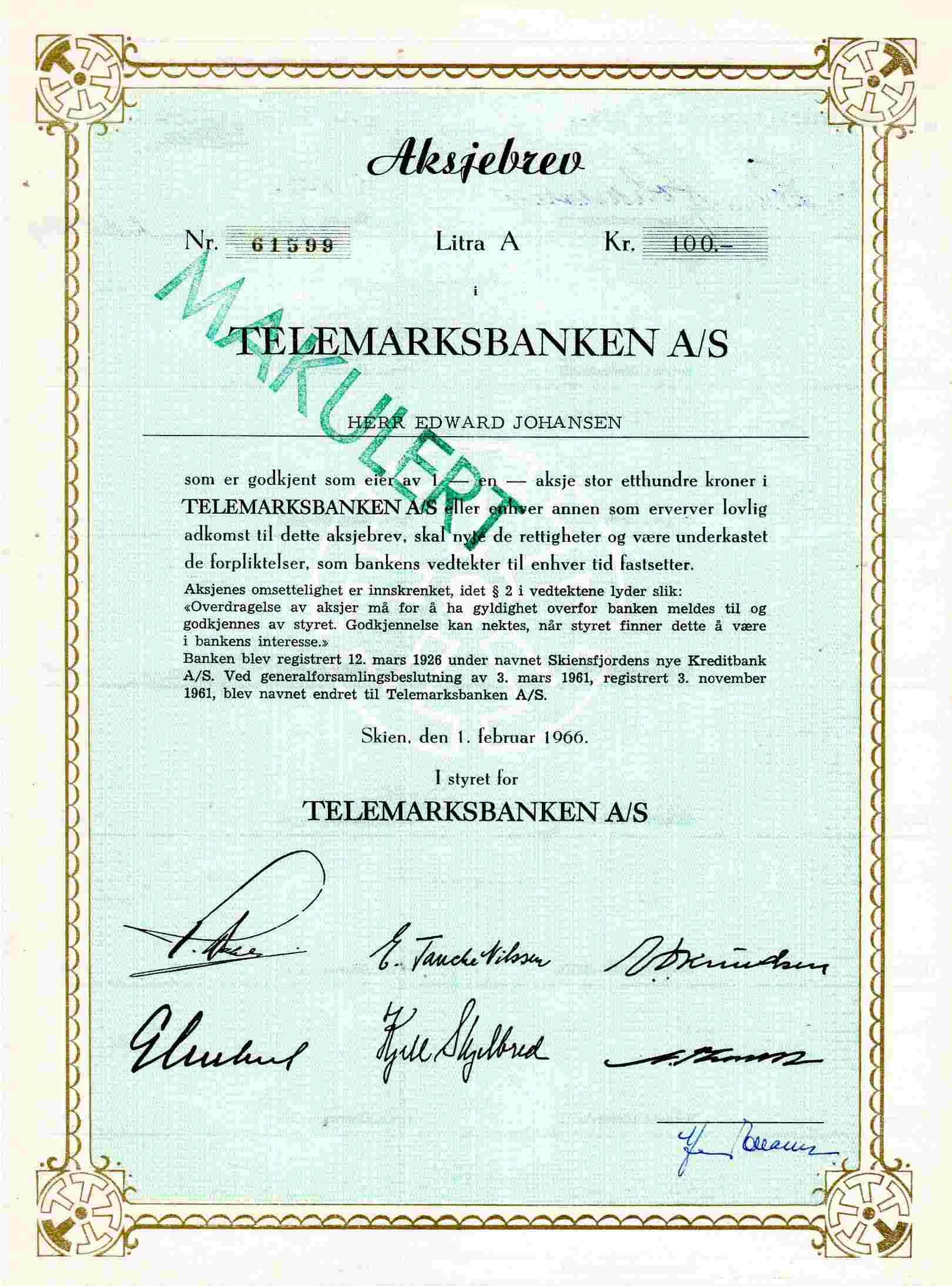 Telemarksbanken kr 100 Litra A Skien 1966