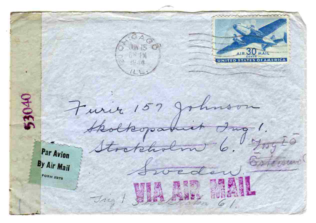 st Chicago/Stockholm 1944 53040  med brev