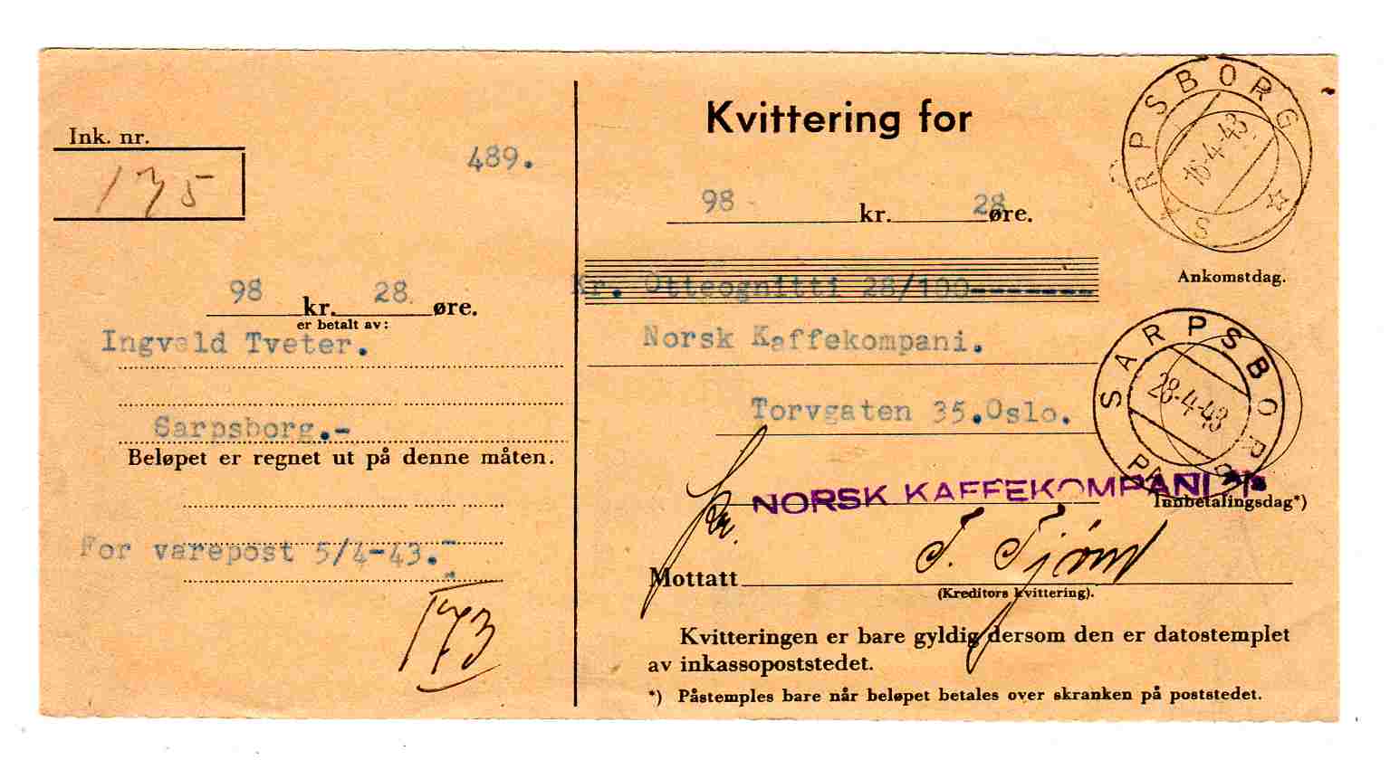 Norsk kaffekompani 1948 st Sarpsborg