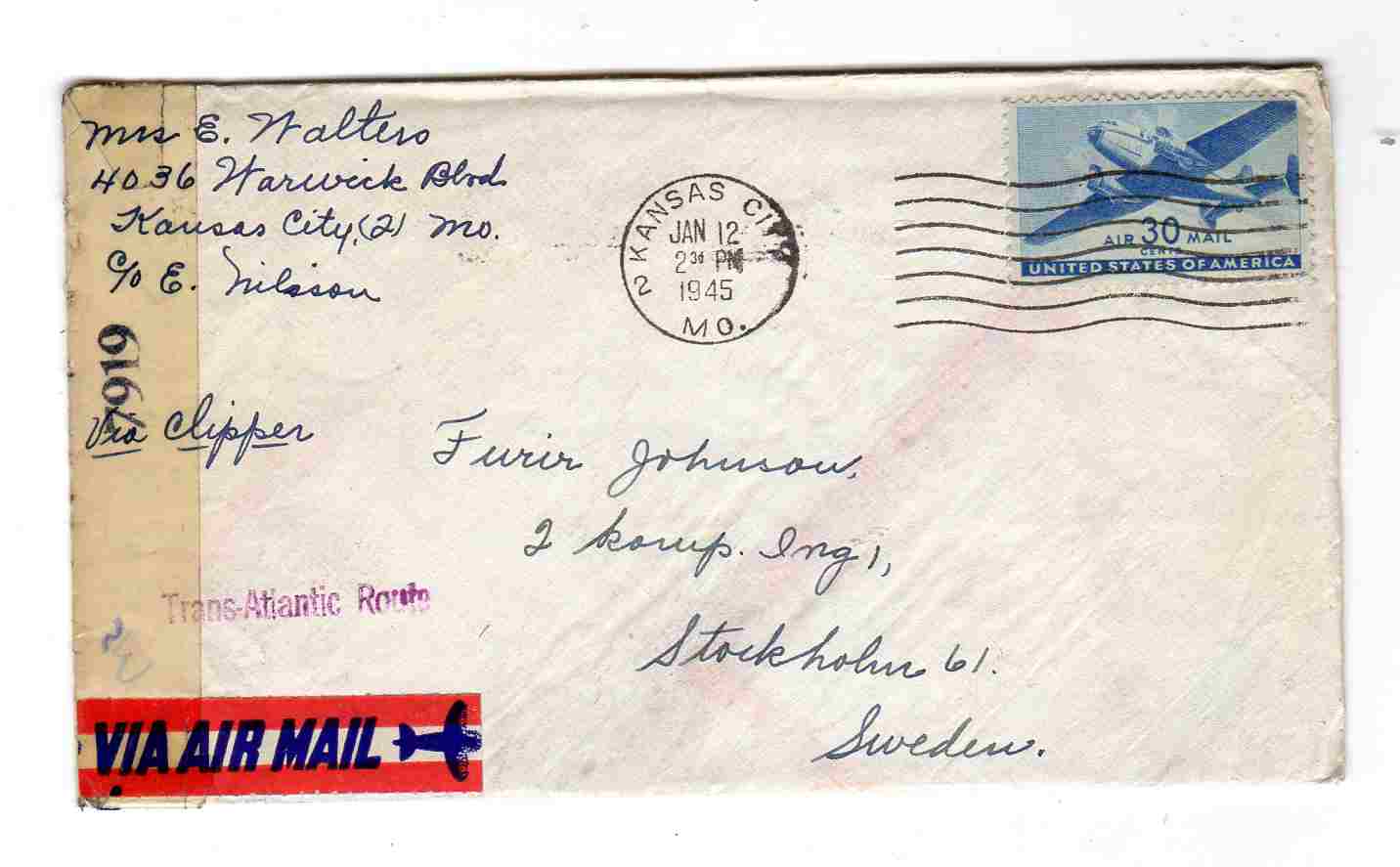 st Kansas city 1945 /air mail/Transatlantic to Sweden med brev