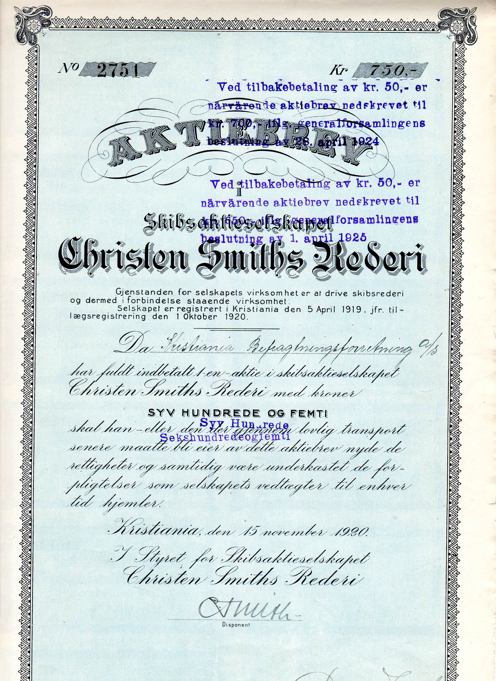 Christen Smiths rederi kr 750 Kristiania 1920 nr 704/2742/2751 pris pr stk