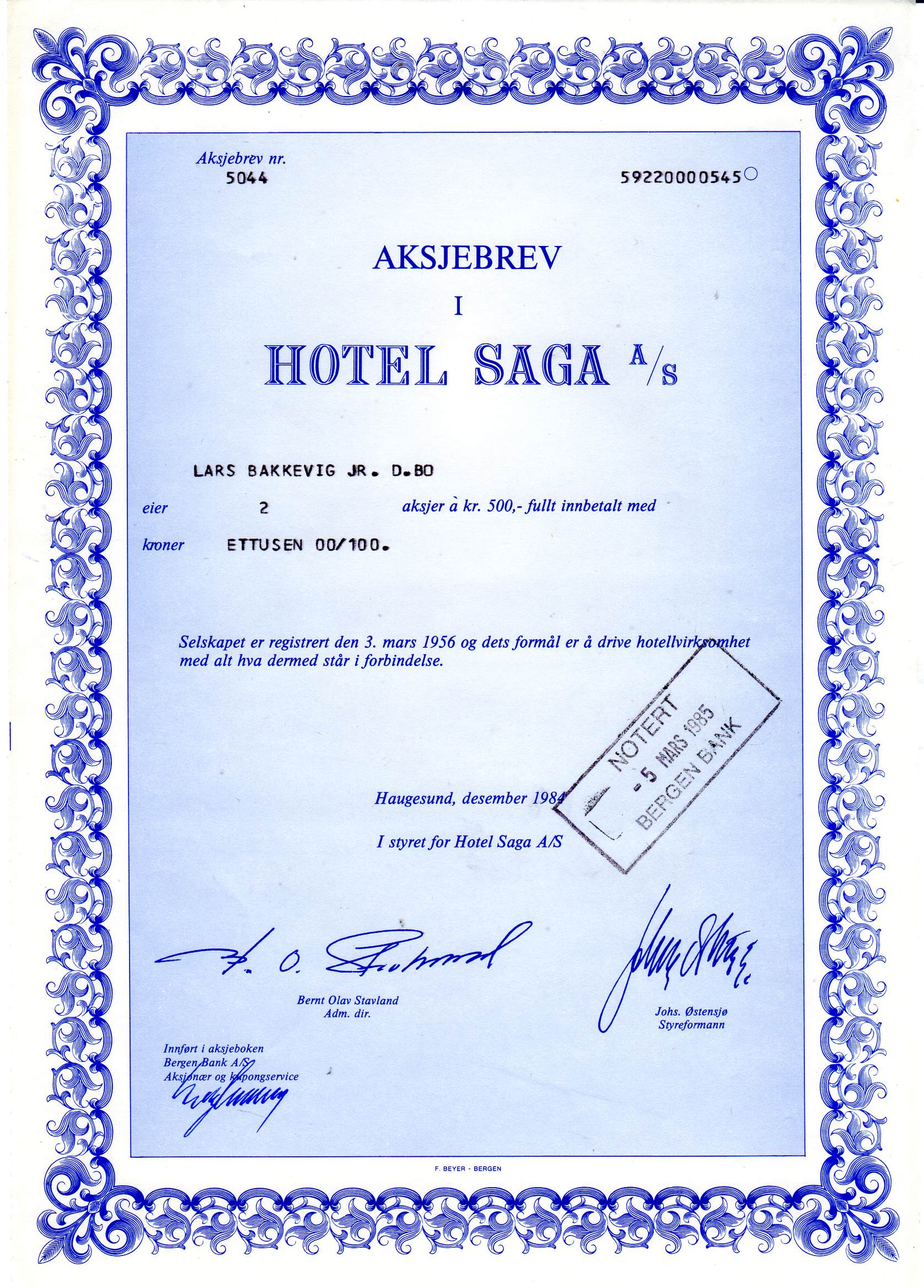 Hotel saga Haugesund 1984 kr500 nr 5044/5722/5409 pris pr stk