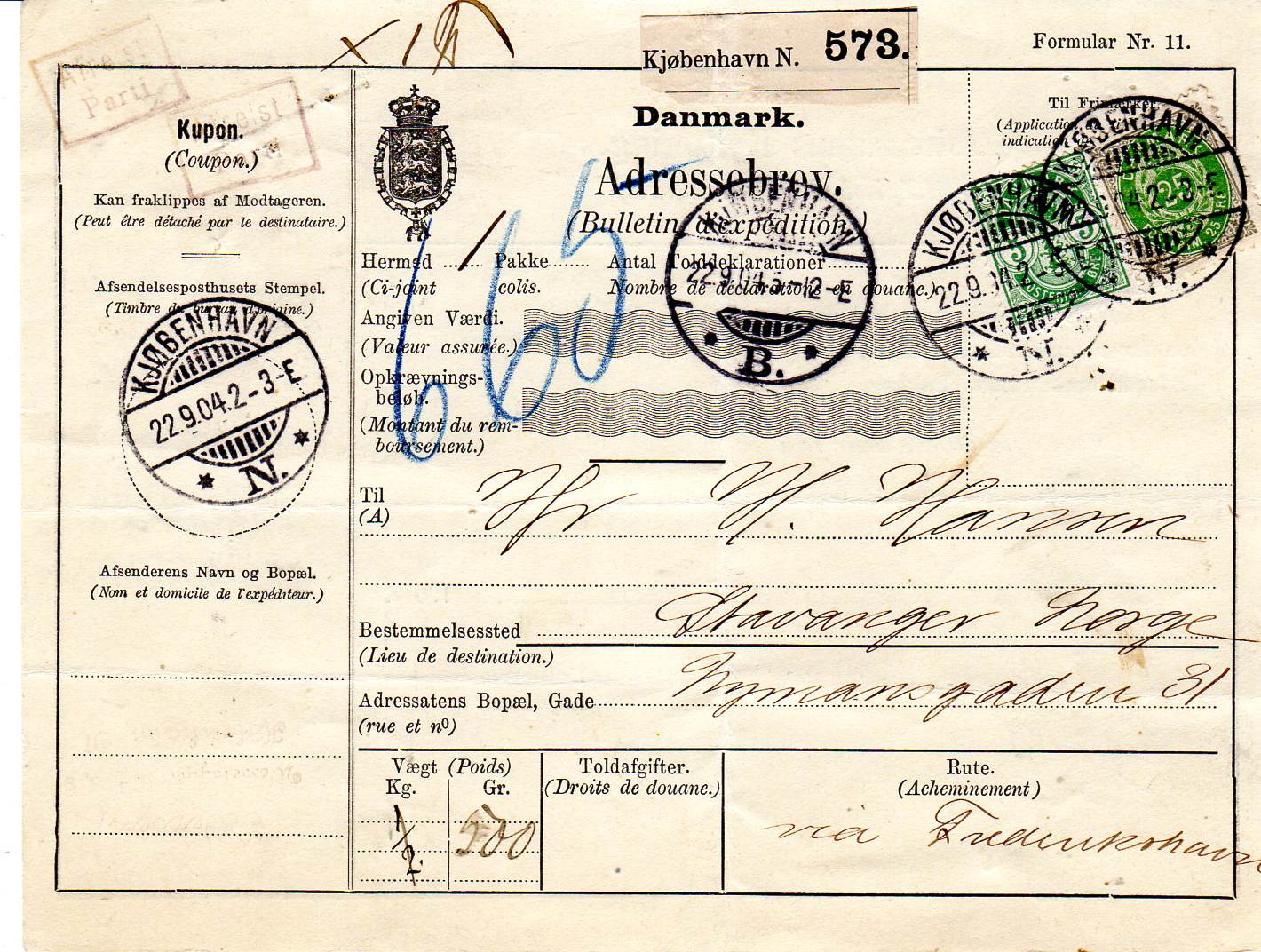 st Kbh 1904 sjelden frankering