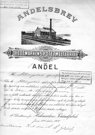 Hedmarken potetmelfabrik kr 500 Jæsnes 1908 nr 149/152 pris pr stk