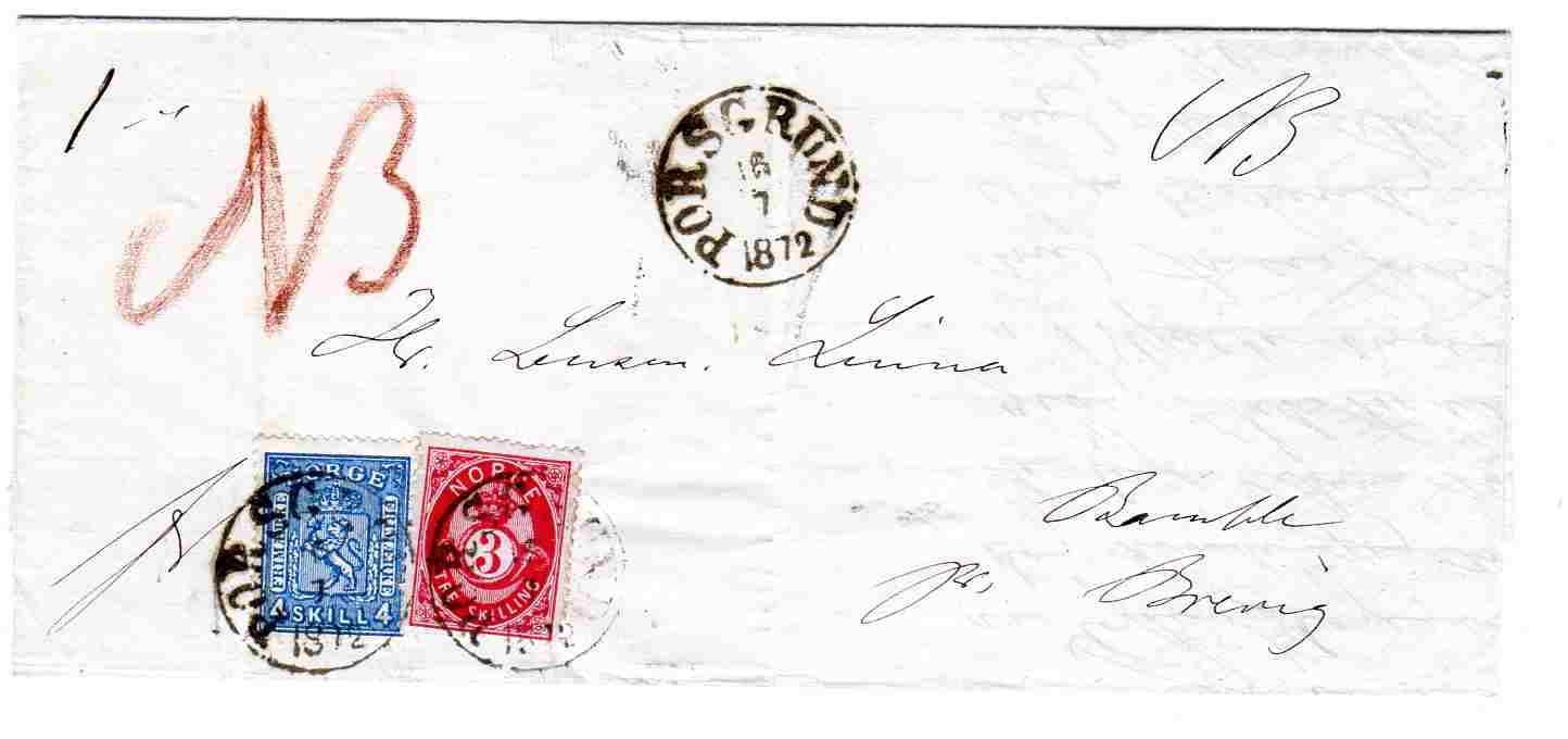 HK 14 og 18 ;4+3=7 skilling stemplet Porsgrund 16-7-1872 på enkeltvektig brevomslag sendt rek til Bamble