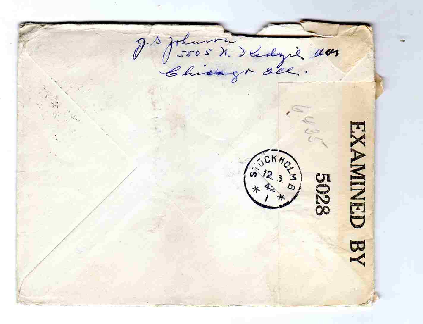 st Chicago 1942 /Trans Atlantic/Stockholm to Sweden med brev 5028