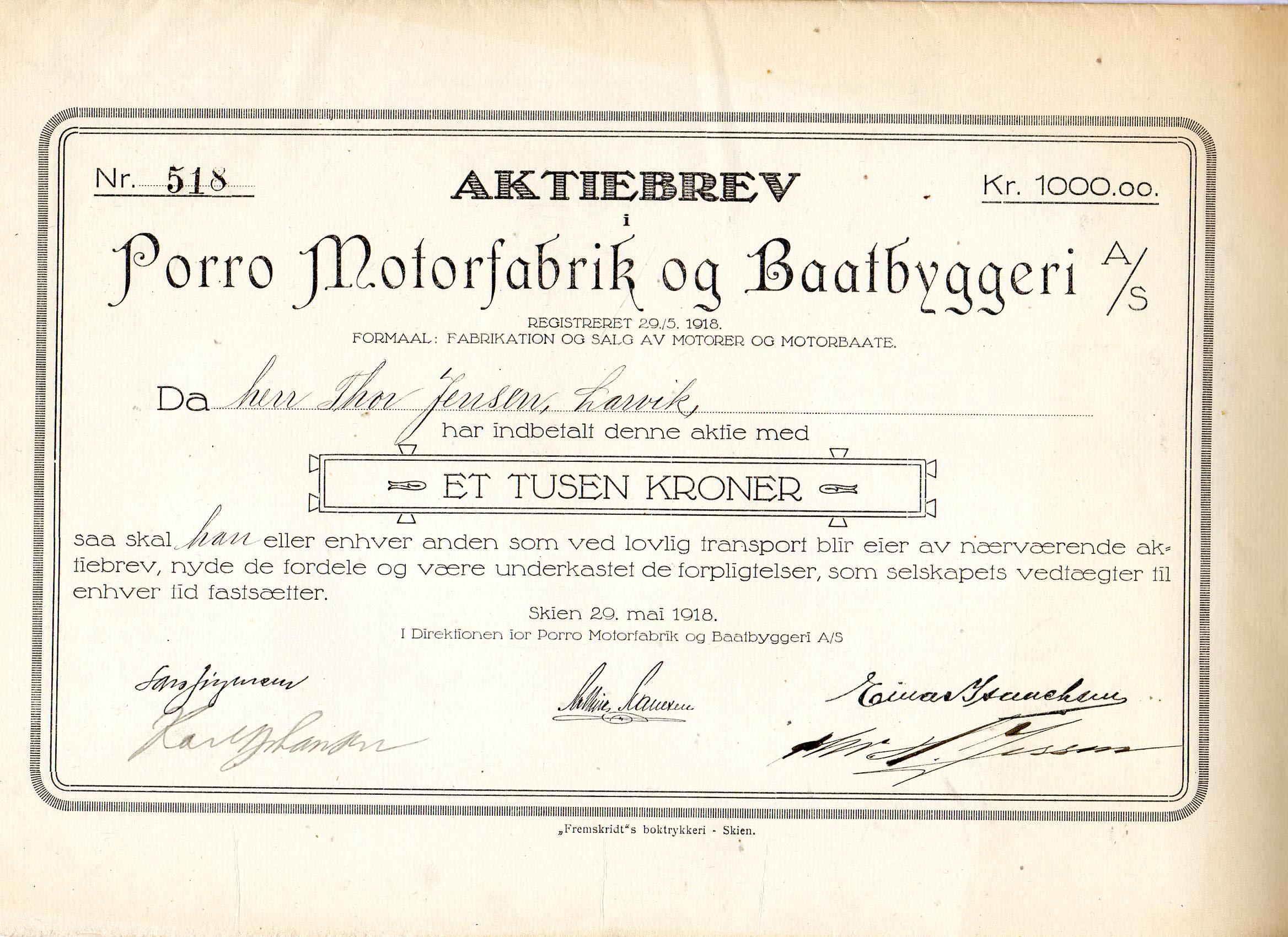 Porro Motorfabrik og Baatbyggeri nr 518 kr 1000 Skien 1918